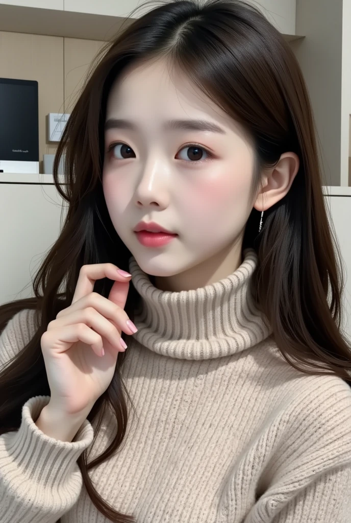 (Loli girl),South Korea ,(Tongue:1),orgasm,, Face Light, shiny face ,, Sophisticated eyes ,( 穿turtleneck sweater,,),， Ultra HD, masterpiece ,  height detail ,  high quality ,  Best Quality , HD Symbol 