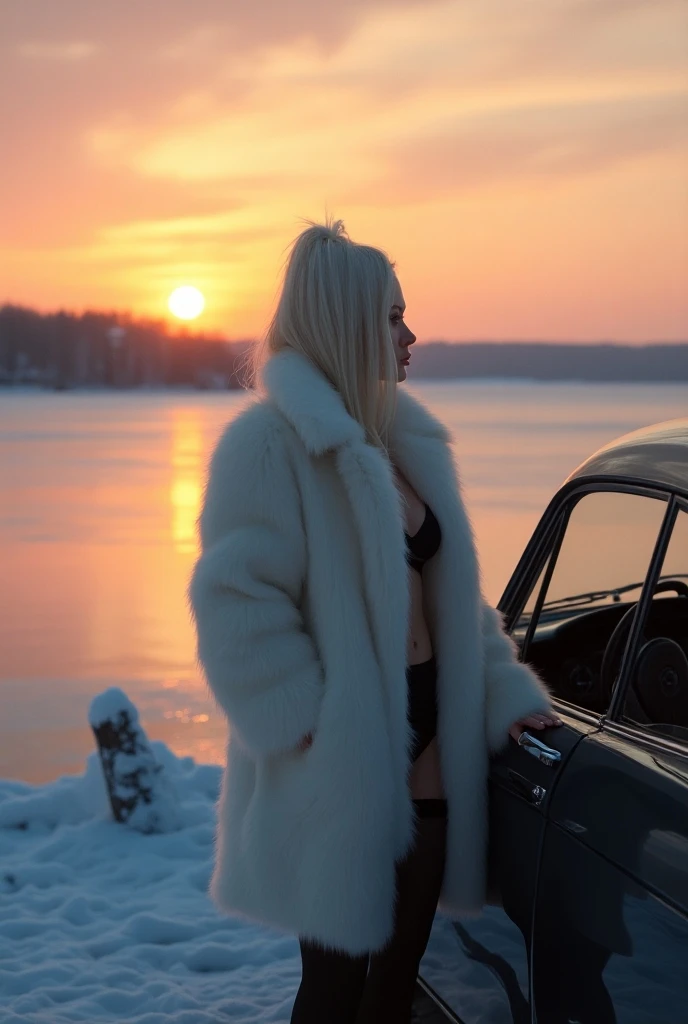 A captivating 27-year-old European woman with white hair and an hourglass body stands beside the front passenger seat of a car parked at a frozen lakeside during a stunning winter sunset. She’s wearing a white fur coat, which opens slightly to reveal a tantalizing glimpse of black lingerie underneath. Her gaze is serene as she admires the golden and pink hues of the sunset reflecting off the frozen lake. The soft winter sunlight bathes her in a warm glow, highlighting the contrast between the cool surroundings and the warmth of her figure. The elegance of her coat and the flow of her white hair add to the ethereal beauty of the moment.

(realistic photography, full-body shot, 27-year-old European woman, hourglass figure, white fur coat, black lingerie, white hair, frozen lake, winter sunset, golden and pink hues, serene expression, high detail, luxurious winter atmosphere, best quality:1.2).