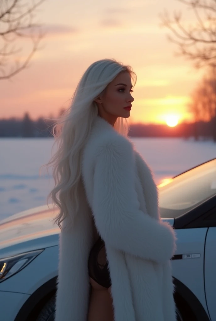 A captivating 27-year-old European woman with white hair and an hourglass body stands beside the front passenger seat of a car parked at a frozen lakeside during a stunning winter sunset. She’s wearing a white fur coat, which opens slightly to reveal a tantalizing glimpse of black lingerie underneath. Her gaze is serene as she admires the golden and pink hues of the sunset reflecting off the frozen lake. The soft winter sunlight bathes her in a warm glow, highlighting the contrast between the cool surroundings and the warmth of her figure. The elegance of her coat and the flow of her white hair add to the ethereal beauty of the moment.

(realistic photography, full-body shot, 27-year-old European woman, hourglass figure, white fur coat, black lingerie, white hair, frozen lake, winter sunset, golden and pink hues, serene expression, high detail, luxurious winter atmosphere, best quality:1.2).