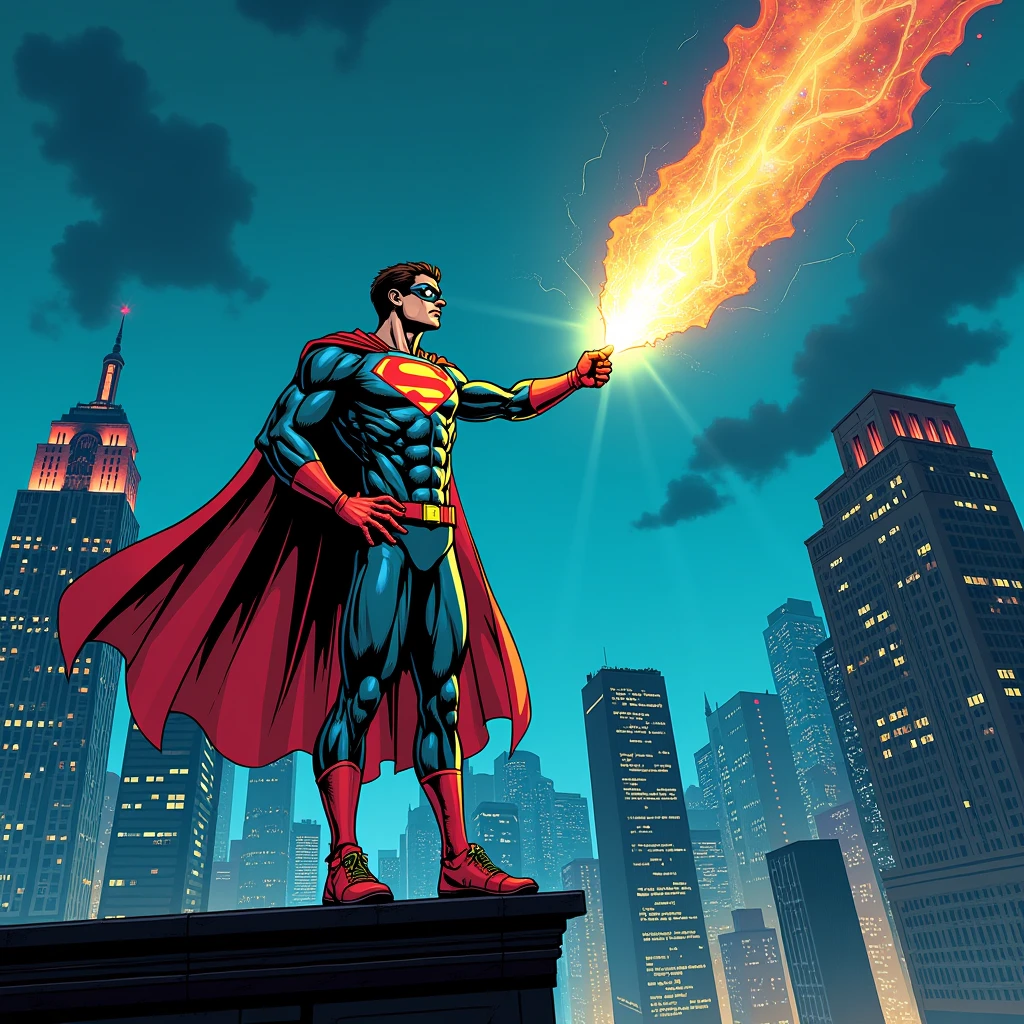 comic book art style marketer on a rooftop, projecting a “Lead Magnet Spotlight” into the digital sky