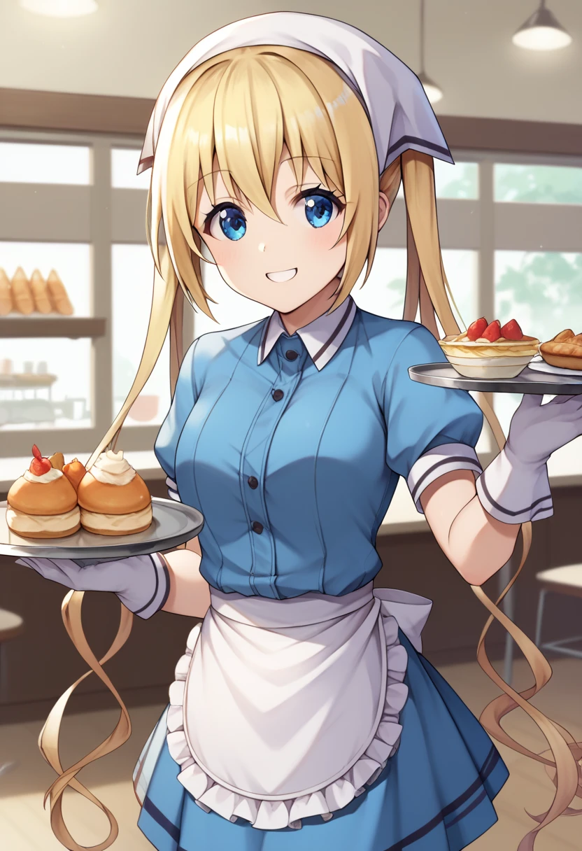  score_9,  score_8_up,  score_7_up, sauce_Anime,
Kahoshinata, Hinata Kaho,  blonde hair,  blue eyes, Hair between the eyebrows, Long Hair,  side lock,  twin tails, smile,
apron, blue shirt, blue skirt, frilled apron, frills, Gloves,  head scarf, shirt, Short sleeve, skirt, uniform, waist apron,  waitress , white apron, white Gloves, Food, Tray, Food Tray,
indoor,  restaurant ,
 Viewers,  Dutch Horn,  Cowboy Shooting,  dynamic poses,