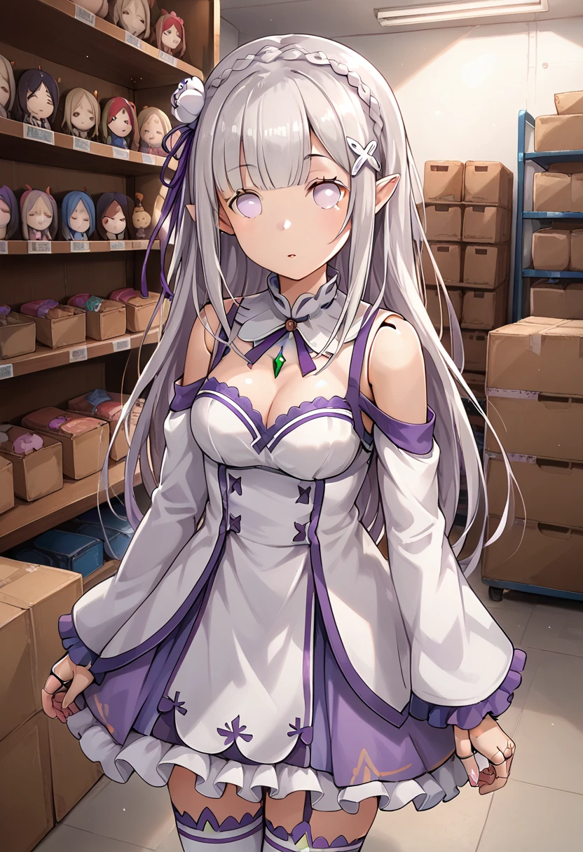 score_9, score_8_up, score_7_up, source_anime, 1girl, emilia_\(re:zero\),
doll_tf, doll joints, lifeless eyes, (no eyes:1.2), long hair, pointy ears, crown braid, hair flower, hair ribbon, purple ribbon, x hair ornament, dress, cleavage, bare shoulders, wide sleeves, thighhighs, upper body
,storage, storage room, inside, boxes,
, detailed background, high resolution background, rating:safe