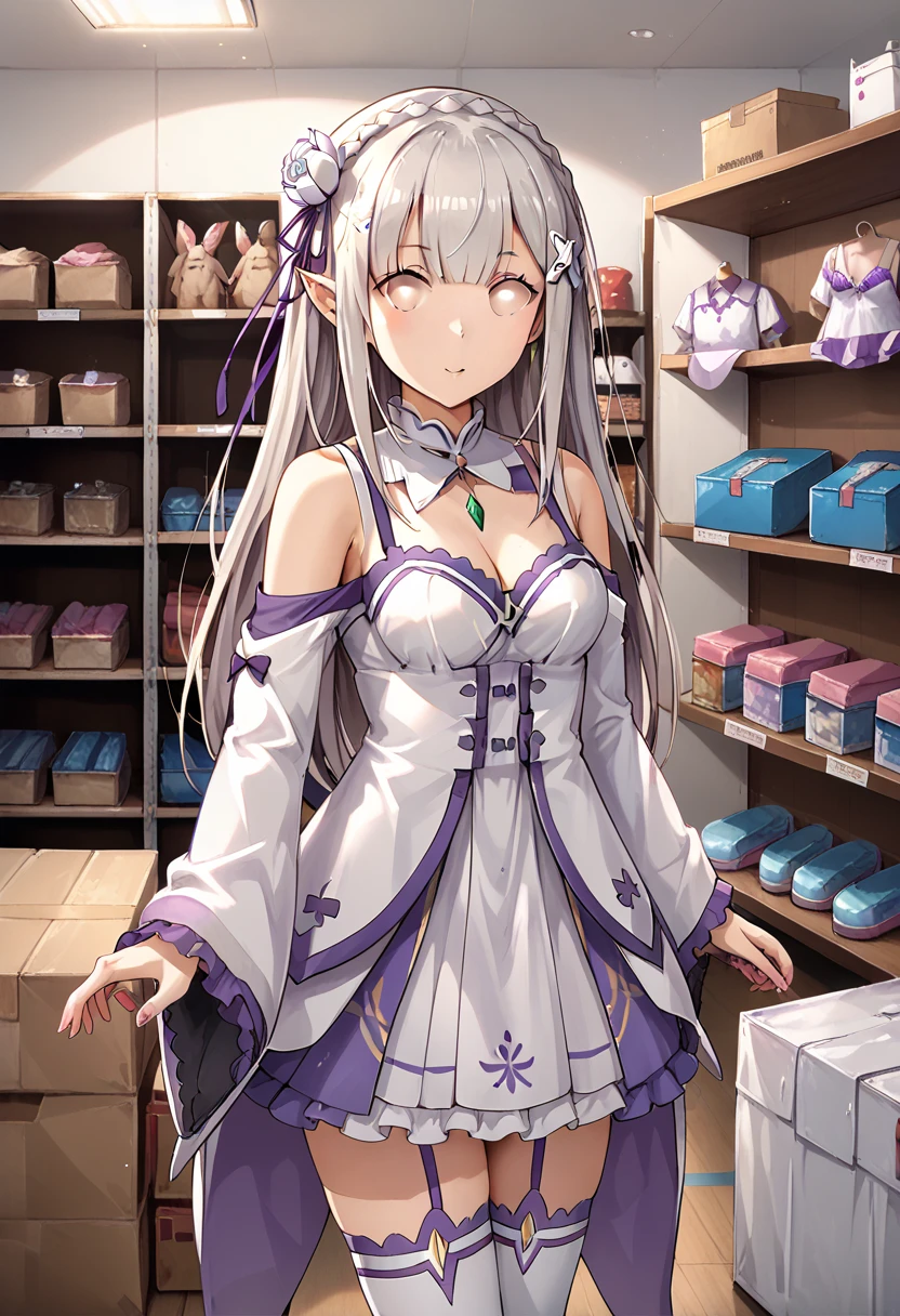 score_9, score_8_up, score_7_up, source_anime, 1girl, emilia_\(re:zero\), mannequin_tf, plastic skin, (joint lines:1.3)
,(no eyes:1.2), long hair, pointy ears, crown braid, hair flower, hair ribbon, purple ribbon, x hair ornament, dress, cleavage, bare shoulders, wide sleeves, thighhighs, upper body
,storage, storage room, inside, boxes,
, detailed background, high resolution background, rating:safe