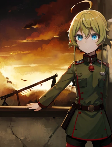 Tanya Degurechaff, Uniforme militar, baixa estatura, psychotic eyes, destroyed scenery, Side view