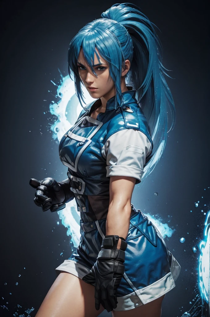 Leona Hidden, kof, gloves, ponytail Blue hair, BLUE eyes