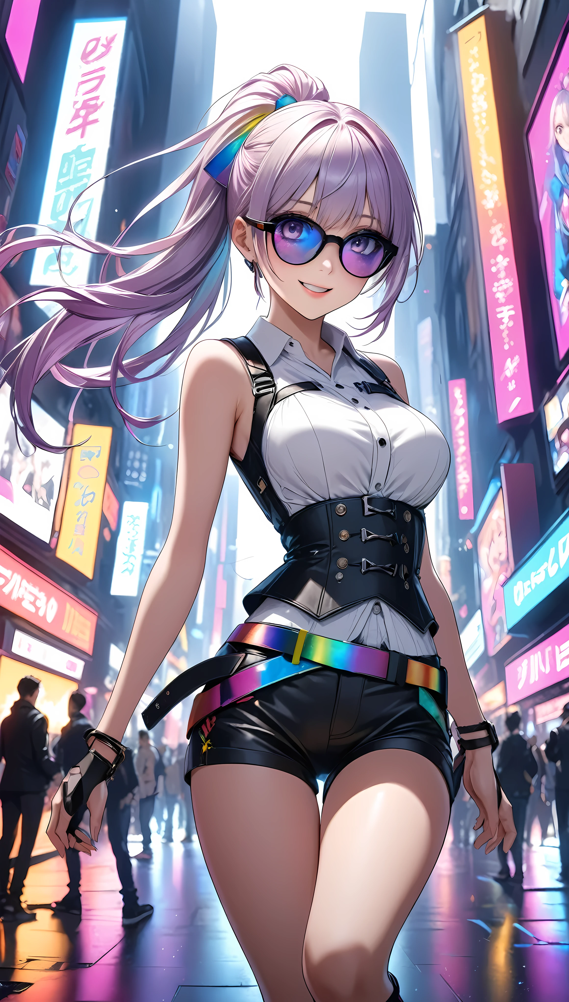 (masterpiece,  Best Quality :1.2, ありえない Best Quality ),  Full Body Portraits,  Look Down:1.3,   1 girl , Alone, Idol, \  Characters "  atlus"\  Rainbow Ponytail , Big Eyes\( purple \), Long Hair, (white髪:1.4), sunglasses:1.3, ((white:1.2)  Sleeveless shirt up to your underbust:1.3), whiteと青のジャケット,   Jacket is falling apart   , whiteと黒のチューブトップブラ,    Please wrap the belt around your underbust  :1.4,  black hotpants standing on the right , smile:1.3,  slouching forward:1.3, salute:1.35,   score_9,   score_8_up,   score_7_up,   score_6_up,   score_5_up,   score_4_up,sauce_Anime, Digital Cyber World  :1.3,  cyberspace ,   Digital Numerical Space   , Transparent Holographic Art, Glittering Neon Street , BREAK Virtual DJ Singer ,  A powerful production of dynamic street dance, 