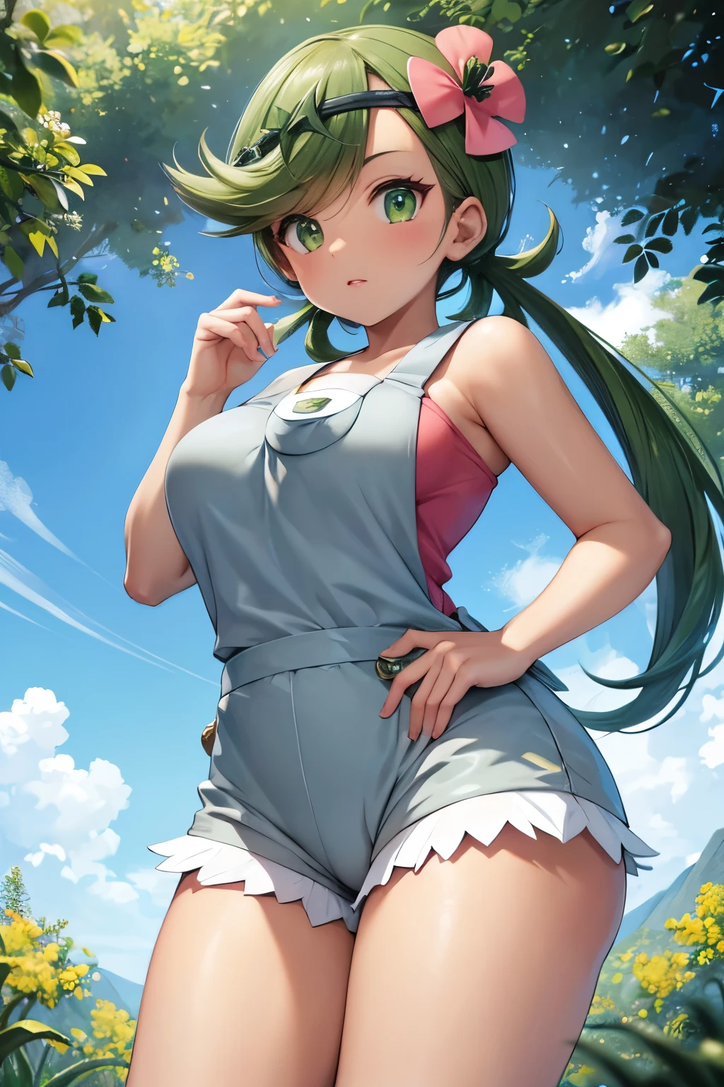 (8k, raw photo, masterpiece, extremely detailed, best quality, professional lighting, high res), BREAK beautiful and adorable girl, zodiac_mallow, green hair, dark skin, twin tails, pink shirt, grey shorts, grey overalls, trial badge, hairband, hair flower, green eyes, grown up looks, plump body, BREAK south island, forest, outdoor