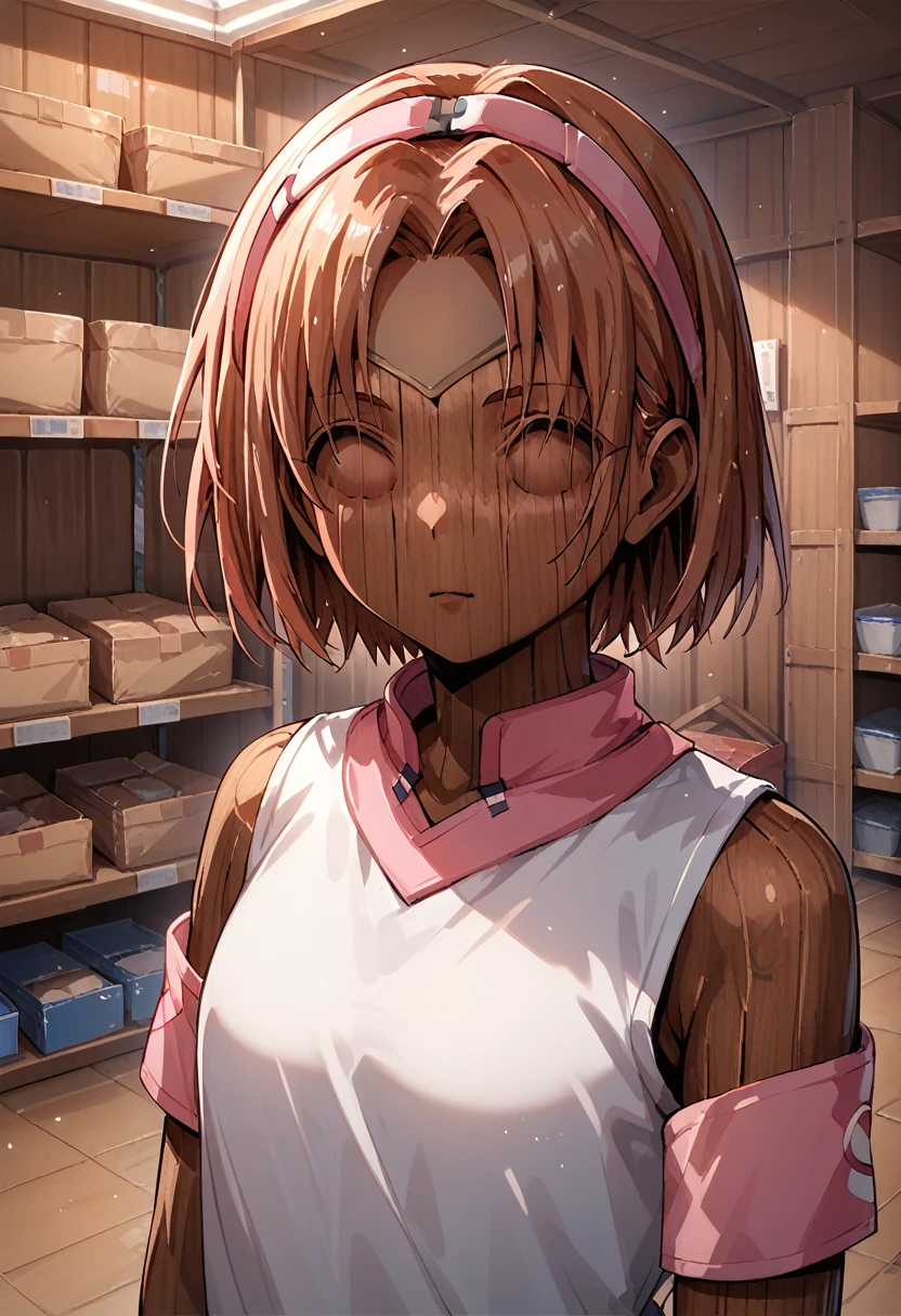 score_9, score_8_up, score_7_up, source_anime, 1girl, (haruno_sakura), forehead protector,
wood skin, (wood_tf:1.4), wood hair, brown skin, (no eyes:1.2)
, upper body
,storage, storage room, inside, boxes,
, detailed background, high resolution background,