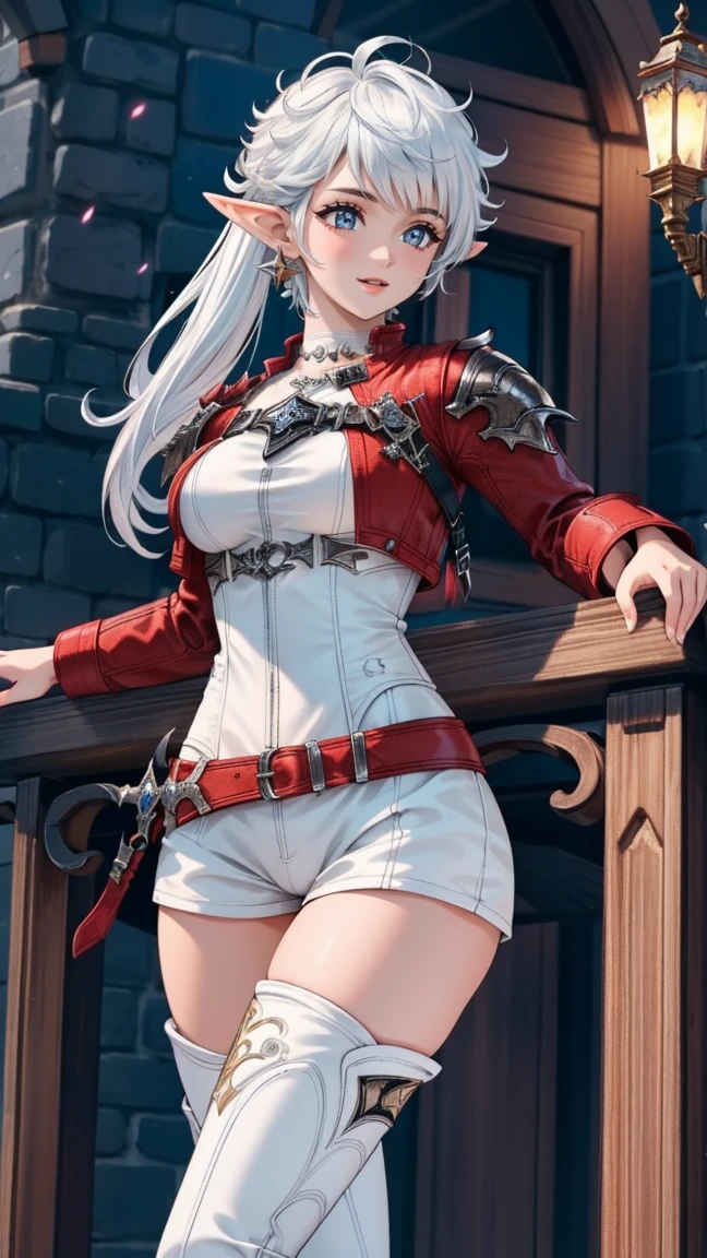 (masterpiece:1.2, best quality), (intricate details), alisaie, (alisaie leveilleur (final fantasy)), 1girl, elf ears, red jacket, thigh boots, white shorts, fit female, realism, Detailed, intricate, sharp focus, Ultra-detailed, detailed pupils, puffy lips, skindentation, (intricate detail), (Soft Lighting), Charming smile, white hair, aged up, older, mature, large breasts, nice hips, thighs, hourglass figure, adult, long hair,