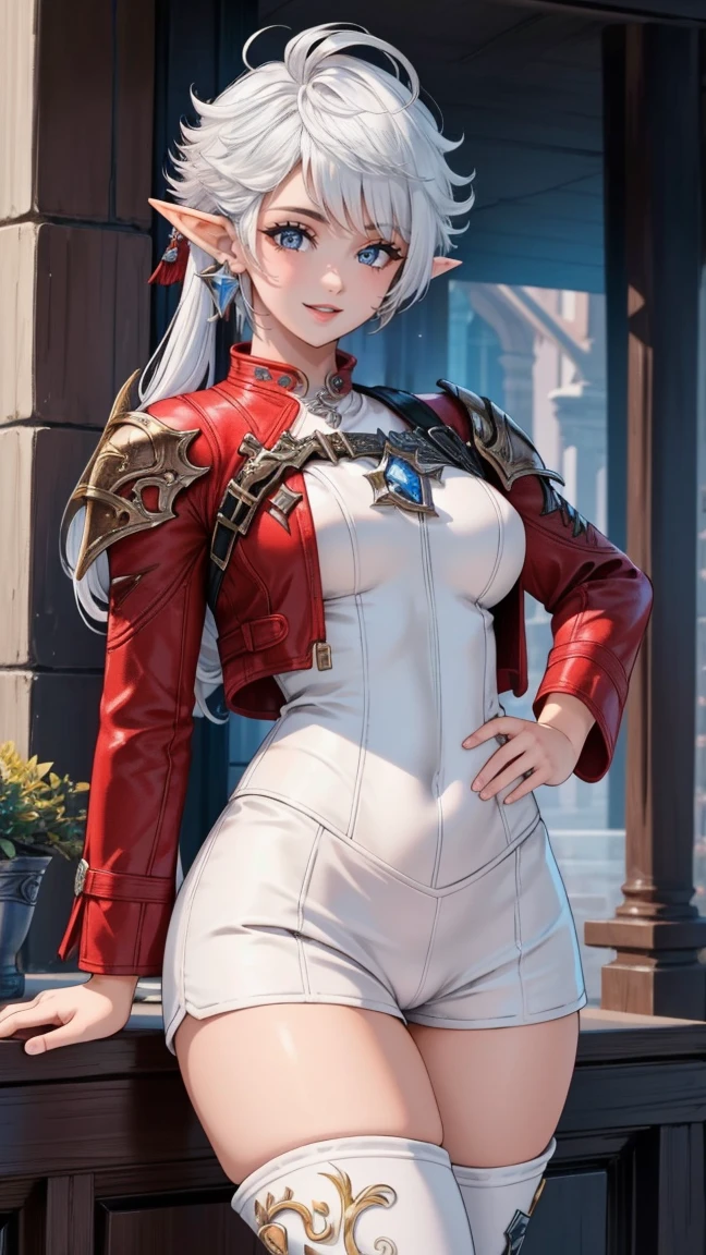 (masterpiece:1.2, best quality), (intricate details), alisaie, (alisaie leveilleur (final fantasy)), 1girl, elf ears, red jacket, thigh boots, white shorts, fit female, realism, Detailed, intricate, sharp focus, Ultra-detailed, detailed pupils, puffy lips, skindentation, (intricate detail), (Soft Lighting), Charming smile, white hair, aged up, older, mature, large breasts, nice hips, thighs, hourglass figure, adult, long hair,