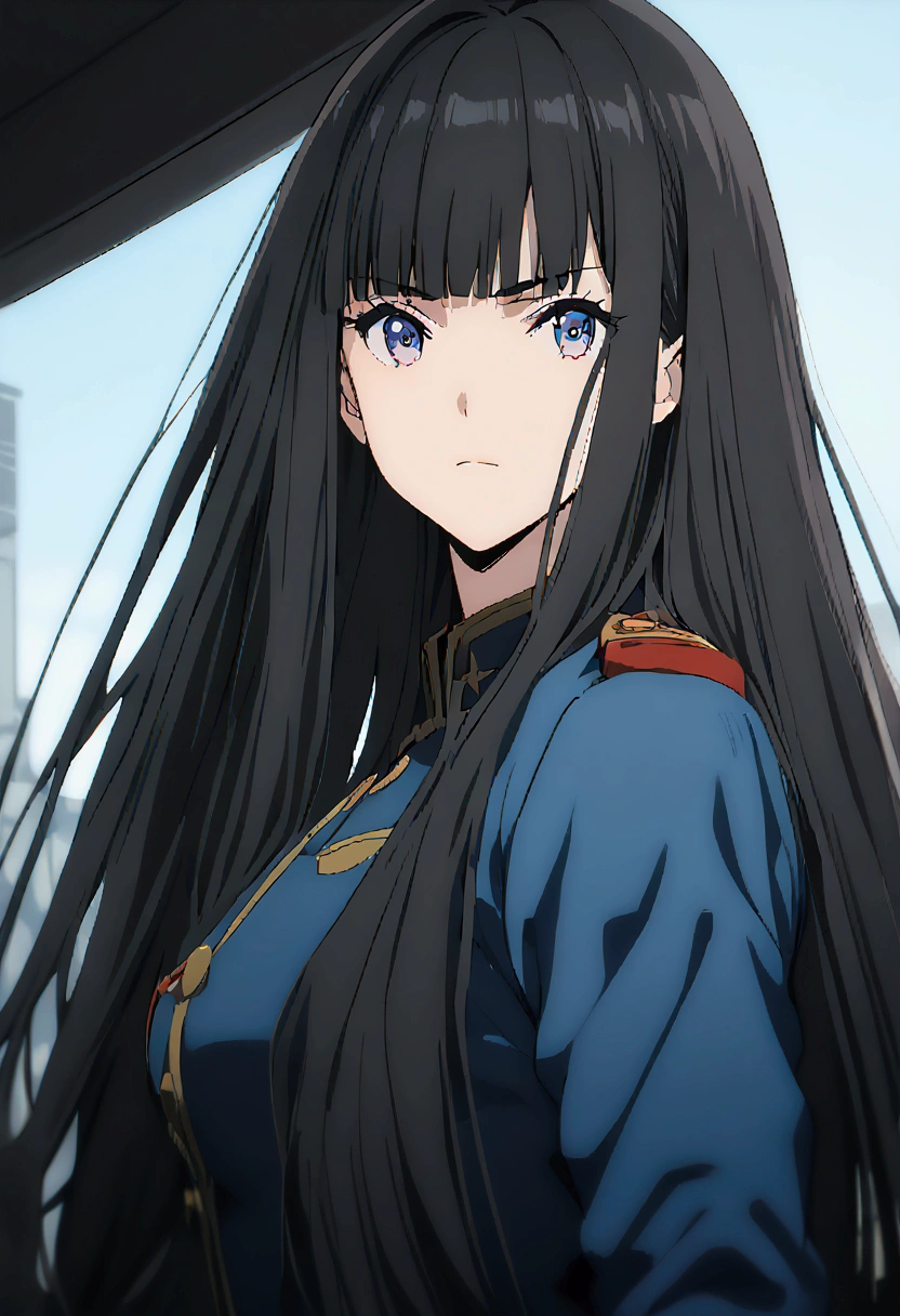 Bangs, long hair, black hair, blue uniform