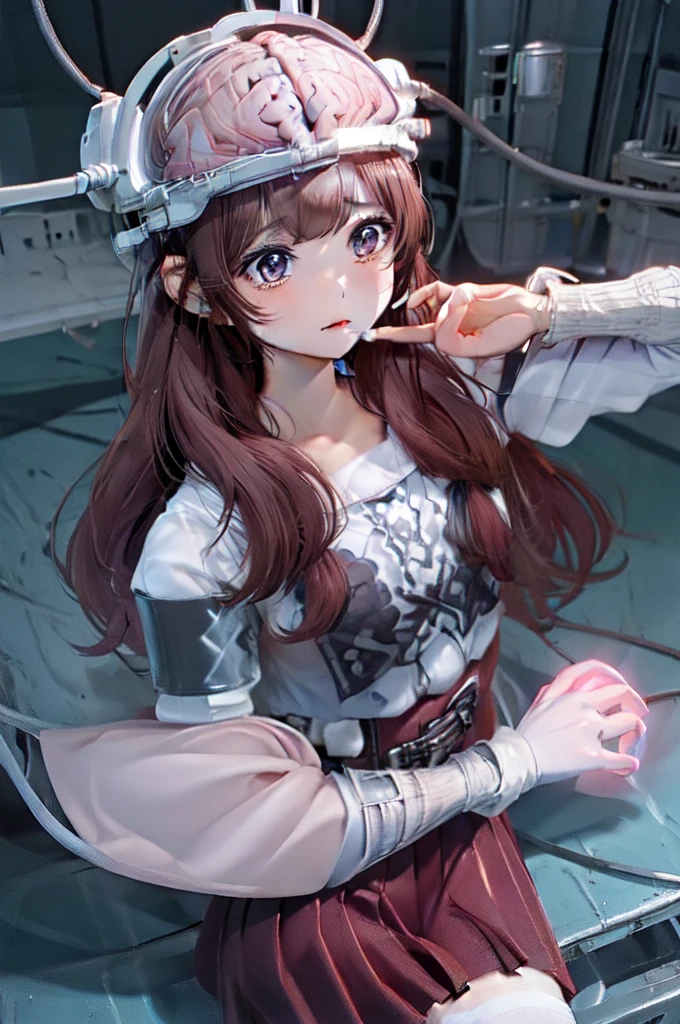  masterpiece, Best quality , text,1 girl,Alone,Scared,panicking ,contracted pupils,shrill, Raised eyebrows , big eyes,crying,Tears,
aaasuna,long hair, brown hair,Braid,brown eyes, style,armor,chest,white sleeves, removable sleeves,red skirt,pleated skirt,white thighs,
BREAK
((( Laboratory,  brain , reclining))), full body ,brain surgery,(((exposed brain,Machine device in the head))),((((brain,brain in head device)))),