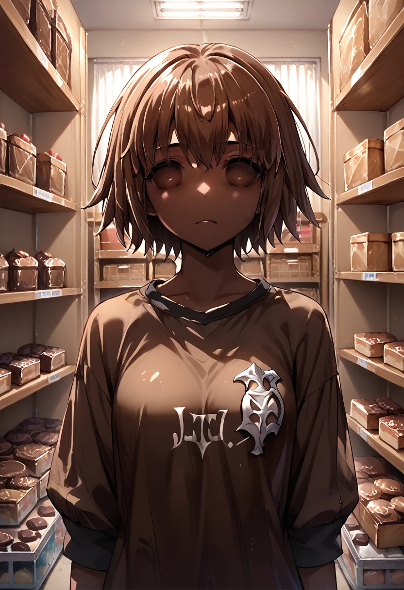 score_9, score_8_up, score_7_up, source_anime, 1girl, (jeanne_d'arc_\(fate\)), 
chocolate skin, chocolate_tf, chocolate hair, brown skin, brown hair, (no eyes:1.2)
, upper body
,storage, storage room, inside,
, detailed background, high resolution background,