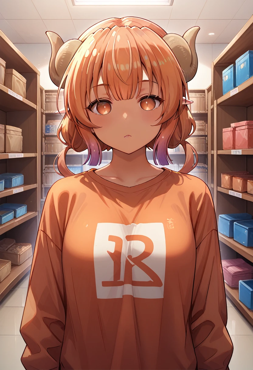 score_9, score_8_up, score_7_up, source_anime, 1girl, (ilulu_\(maidragon\))
, bronze_tf, bronze skin, bronze hair, orange skin, orange hair, (no eyes:1.2)
, upper body
,storage, storage room, inside,
, detailed background, high resolution background,