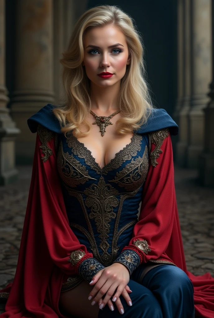 a beautiful woman with golden hair, sitting in a royal interior with a medieval background, high quality detailed portrait, (best quality,4k,8k,highres,masterpiece:1.2),ultra-detailed,(realistic,photorealistic,photo-realistic:1.37),detailed eyes,detailed lips,detailed face,longeyelashes,intricate royal dress,elegant pose,dramatic lighting,atmospheric environment,vibrant colors,fantasy art