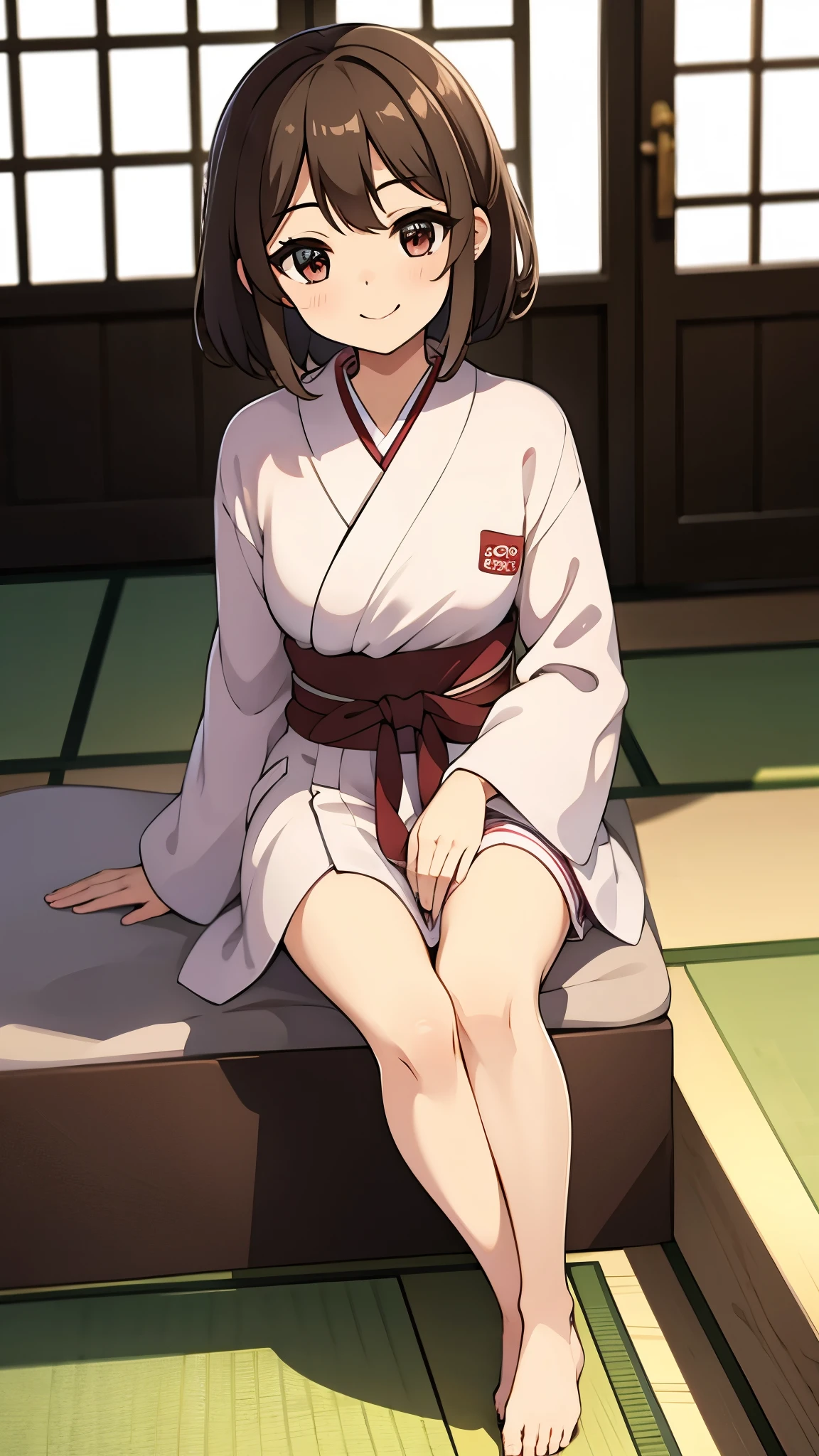 indoor, japanese room, tatami, pink yukata, anime style, ultra high res, break Best quality, adult body, UHD, break contented smile, break bare foot, sharpen, 32k, masterpiece, intense gaze,