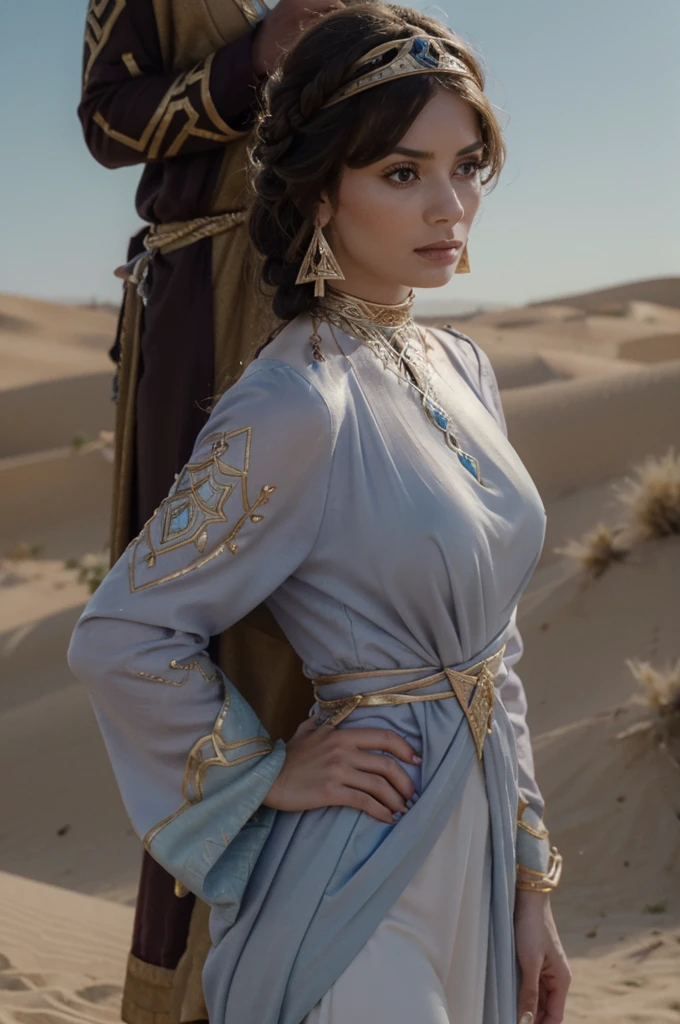 A arabian woman with pale skin in realistic portrait of high quality and detail, She standing in the desert, egyptian desert on background, Dunyarzad (Genshin Impact), Dunyarzad has a light blue dress and a purple top with gold accents. She has brown eyes and brunette hair that she wears in a braided low bun. She has a gold lazurite crown, a gold lazurite necklace and gold earrings. She also has bandages around her arms and brown leather sandals. blue sky, white cloud, looking at viewer, (ultra-high detail:1.2), Masterpiece, Best Quality, Ultra-detailed, Cinematic lighting, 8K, delicate features, cinematic, 35 mm lens, f/1.9, highlight lighting, global lighting –uplight –v 4, cinematic, intense gaze, Cinematic lighting, 8K, high quality, Highest Quality, (Solo Focus), (extremly intricate:1.3), (Realistic), dramatic, masterful, Analog style, (Film grain:1.5), (warm hue, cold tone)