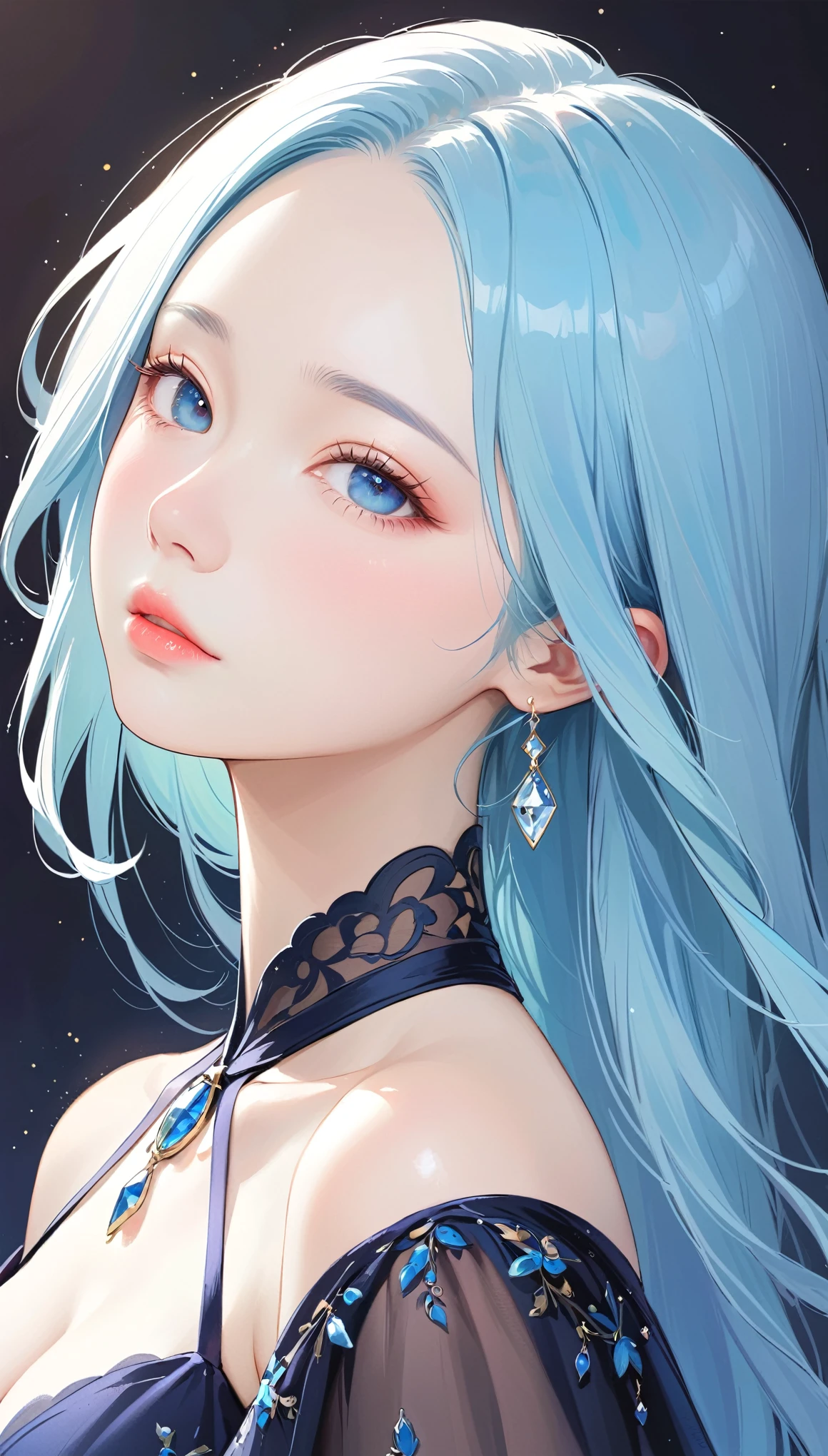 1girl, Alone, Chest, Viewer, blue eyes, simple background , black background, Jewelry, large breasts, Lazy, Half-closed eyes, blue hair , evening dress, upper body, Open clothes, abdomen, From the side, open scarf , Lips, black evening dress, compensate, 纺纱 evening dress,style: midjourney,1 girl