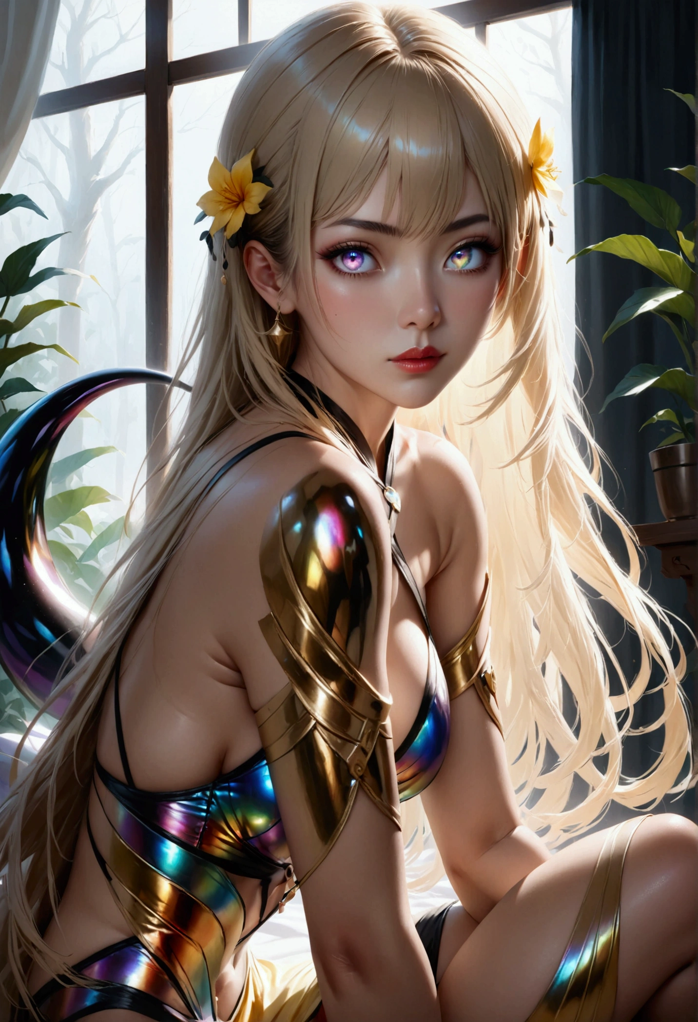 (8k, RAW, Photorealistic: 1.25), (1girl), Realistic, Cinematic Light, (Action Pose: 1.4), (Dark Shot: 1.4), (High Detail Skin: 1.4), Platinum Gold Hair, Beautiful Woman Covered with Jewels, (Highly Detailed Bronze Armor;1), Green Eyes, Sunlight, Through Dark Forest, Sunlight, Through Trees, 8 Life-Size, Chic body, (highest quality)), Tyndall effect, add depth to the image with backlight effect, Perfect anatomy, (fantasy warrior:1), (big breasts:1.1), (nearly naked:1),