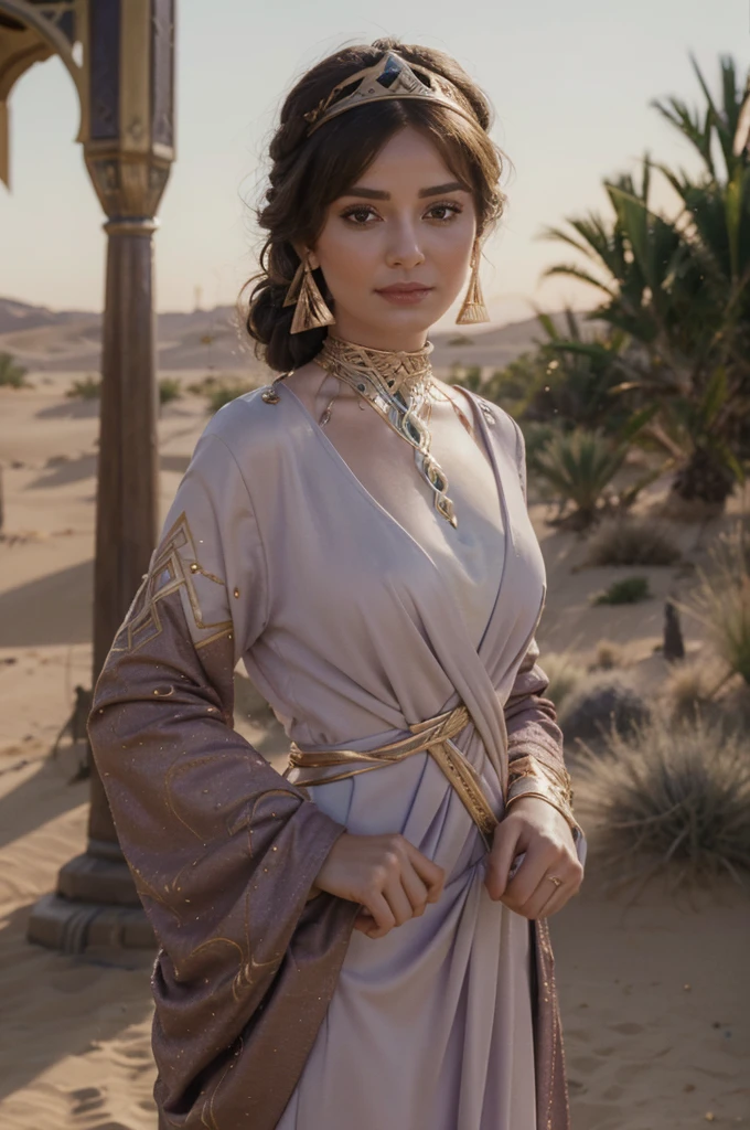 A arabian woman with pale skin in realistic portrait of high quality and detail, She standing in the desert, egyptian desert on background, Dunyarzad (Genshin Impact), Dunyarzad has a light blue dress and a purple top with gold accents. She has brown eyes and brunette hair that she wears in a braided low bun. She has a gold lazurite crown, a gold lazurite necklace and gold earrings. She also has bandages around her arms and brown leather sandals. happy smiling face, evening, red sky, pink clouds, looking at viewer, (ultra-high detail:1.2), Masterpiece, Best Quality, Ultra-detailed, Cinematic lighting, 8K, delicate features, cinematic, 35 mm lens, f/1.9, highlight lighting, global lighting –uplight –v 4, cinematic, Cinematic lighting, 8K, high quality, Highest Quality, (Solo Focus), (extremly intricate:1.3), (Realistic), masterful, Analog style, (Film grain:1.5), (warm hue, cold tone)