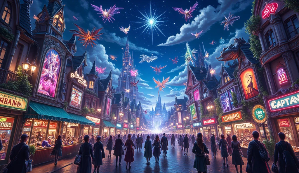 fantasy digital painting, fantasy city at night, magical neon lights on street, vivid colors, night life on street, various human and animal species and anthropomorphic fantasy species on street, fantasy art of magical neon street at dark night, detaied, 8k, 