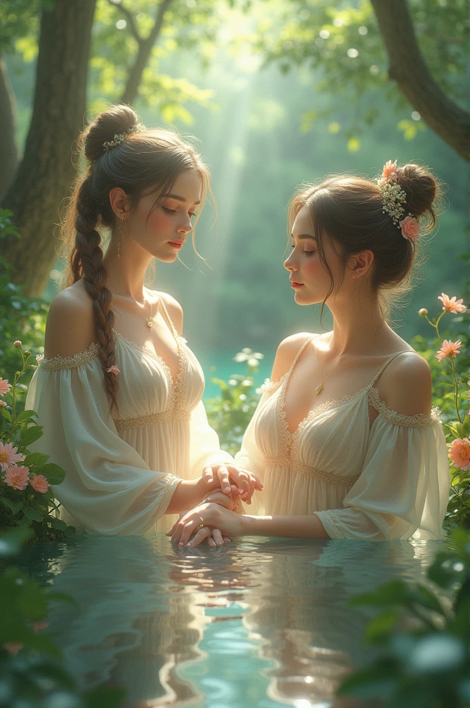 Two female elves embracing in water, bodies pressed together, ((lips touching)), romantic, lively, in water up to their chests, masterpiece, best quality, highres, hmsl1, hair flower, x hair ornament, naked, flower, standing, soaked, drenched, splashing, dripping wet, caressing, cupping breasts