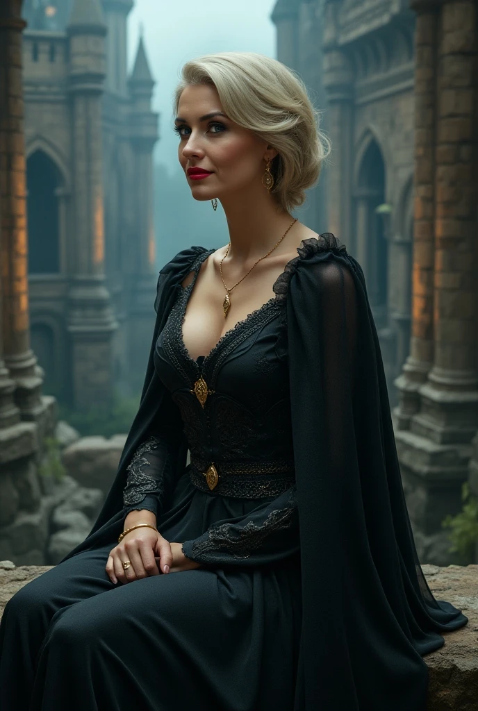 dark soul, dim light, old church, mature female, slim, tall, long blonde curly hair, long black cape, red leotardy long skirt, long skirt with diamond, gold bracelet, 8k, Official style, European aristocracy,