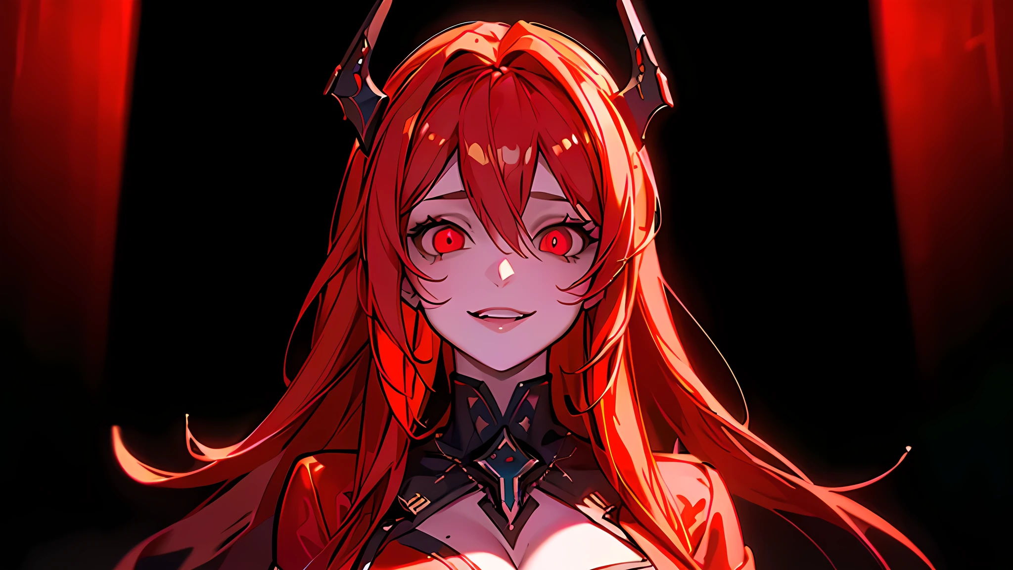 ((Best quality)), ((masterpiece)), (detailed:1.4), 3D, an image of a beautiful cyberpunk female, Yandere , Yandere Face , Trance , Trance Eyes , yameroyandere , constricted pupils , yandere , empty eyes . shaded face , crazy eyes , glowing red eyes , crazy smile , Redhood , long red burning hair , Horn Headgear , Red Jacket Cloth , Red Eyes, Black undercloth, large breasts, Dive under the sea, Undersea as background ,HDR (High Dynamic Range),Ray Tracing,NVIDIA RTX,Super-Resolution,Unreal 5,Subsurface scattering,PBR Texturing,Post-processing,Anisotropic Filtering,Depth-of-field,Maximum clarity and sharpness,Multi-layered textures,Albedo and Specular maps,Surface shading,Accurate simulation of light-material interaction,Perfect proportions,Octane Render,Two-tone lighting,Wide aperture,Low ISO,White balance,Rule of thirds,8K RAW,