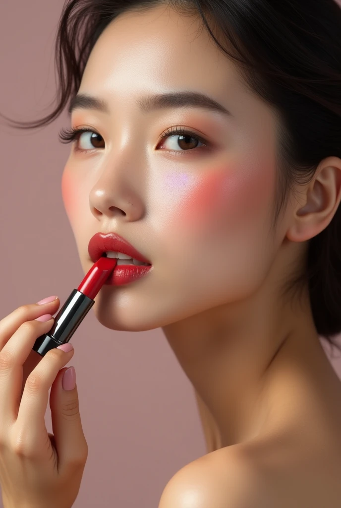 super photography, very detailed, high resolution, face of a beautiful Korean woman, covering part of lips with perfect fingers, beautiful red nails, ultra high definition, 64K