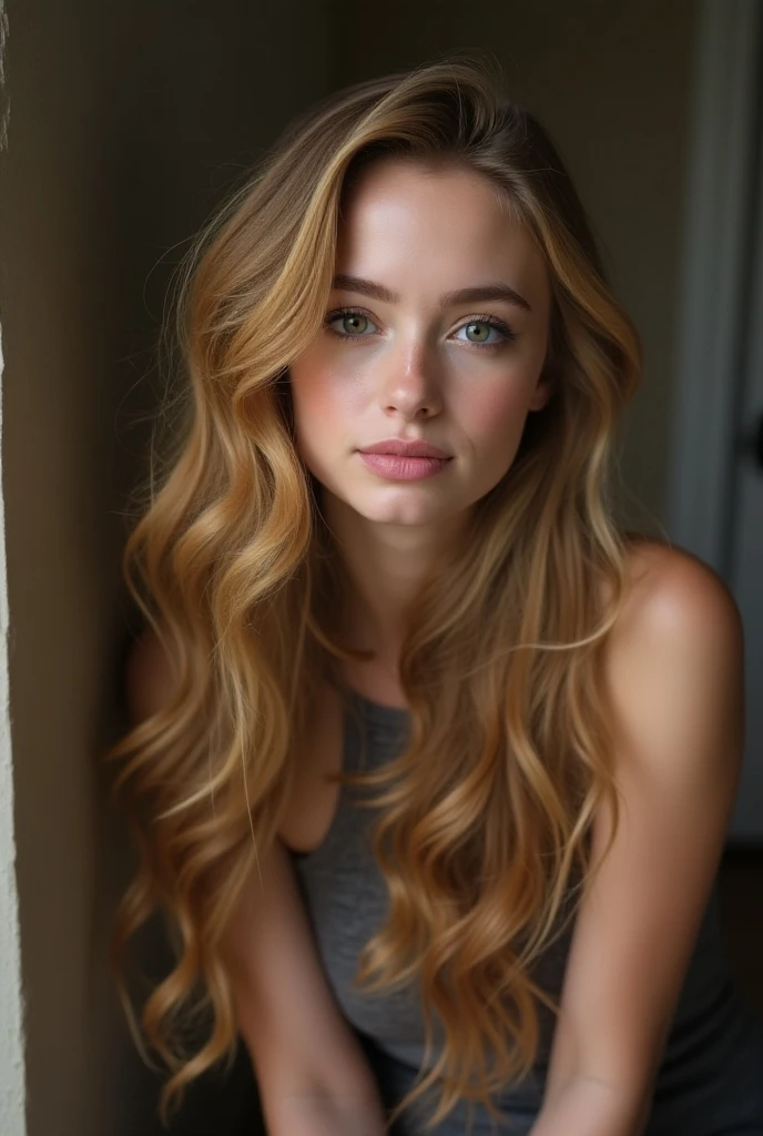 a woman with long hair and a nude white shirts posing for a picture, Portrait of Sophie Mudd, Brunette with dyed blonde hair, Jodi Bateman, Sydney Sweeney, Daniela Uurig, No makeup, wavy hair, nodded, Ellie Victoria Gale, Bernardini's Olivia, Sidney Hanson, Very beautiful face, Profile photo, Miranda Kerr, Gorgeous and attractive face