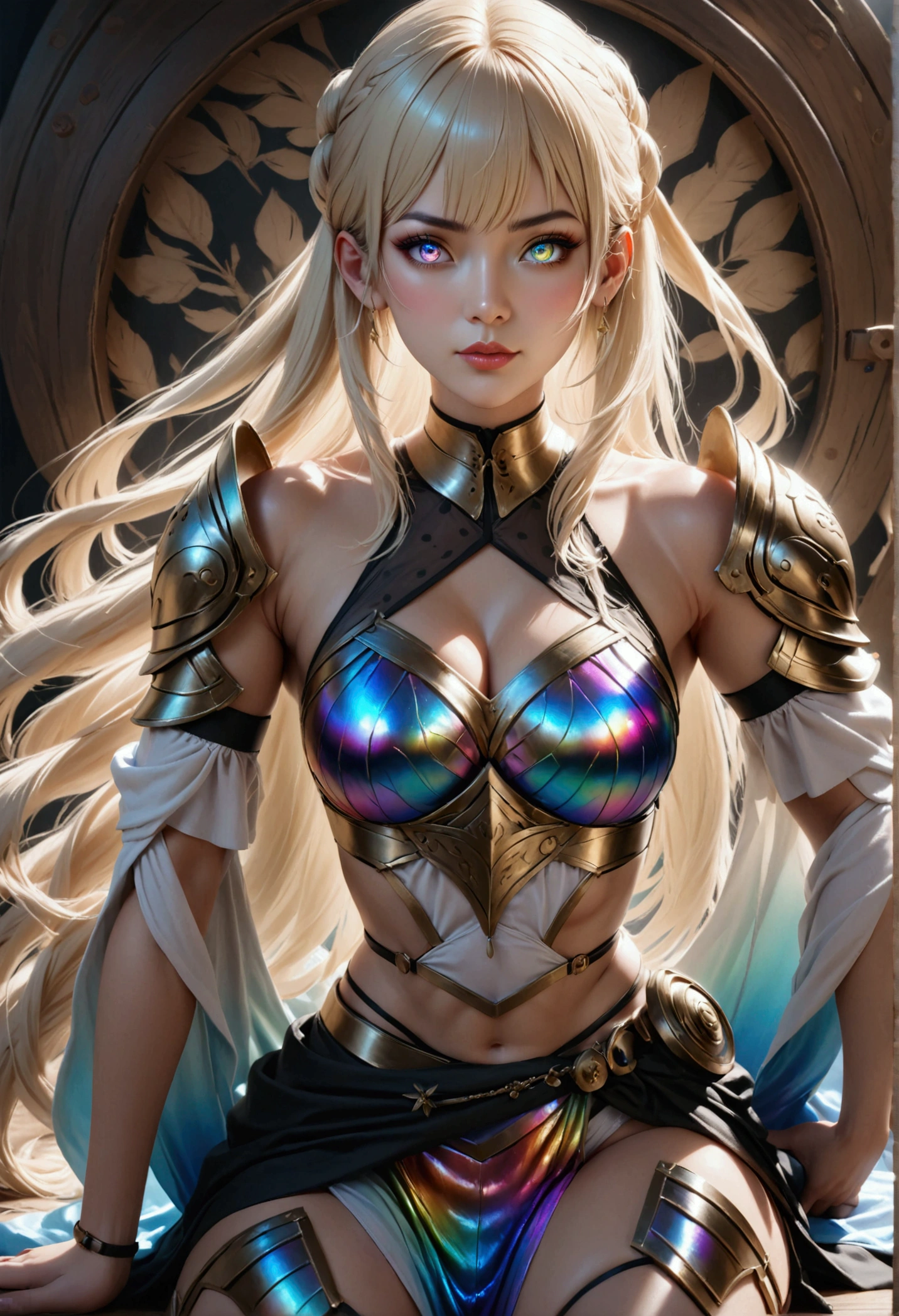 She is a legend, a hybrid of two races that rarely mix. She has the best of both worlds, a fusion of beauty and strength.
Her upper body is that of a human woman, with delicate features and long hair. Her skin is smooth and flawless, her eyes are bright and piercing. Her breasts are big and round, her waist is slender and curved, her legs are long and shapely. She wears a simple tunic that hardly covers her, (nearly naked:1), and her arms, thighs, and, and shoulders are bare.
They glow with an ethereal radiance, reflecting the colors of the cosmos. Her armor is flexible and agile, She wears a crown, a ring of neon that casts a rainbow over her head.
She is a sight to behold, a wonder to admire. She is majestic and magnificent, soft and sexy. She is like an angel, a fairy, a goddess. She is the ultimate fantasy warrior.
She poses for the camera, The lens zooms in on her face, her chest, her hips, her legs. It shows every detail of her body, every curve and contour. It shows the contrast between her light and dark parts. It shows the harmony and unity of her whole being, (cameltoe:1), clear focus,
She smiles at the camera, a gesture that conveys her confidence and charisma. She knows she is beautiful, she knows she is powerful. She knows she is unique, she knows she is special, by artgerm, trending on artstation