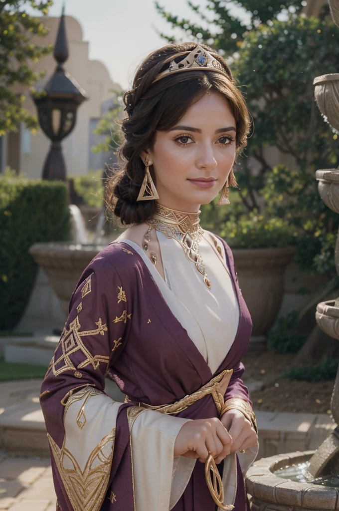 A arabian woman with pale skin in realistic portrait of high quality and detail, It stands in the middle of an Arabic-style flower garden, An Arabic-style fountain in the background, Dunyarzad (Genshin Impact), Dunyarzad has a light blue dress and a purple top with gold accents. She has brown eyes and brunette hair that she wears in a braided low bun. She has a gold lazurite crown, a gold lazurite necklace and gold earrings. She also has bandages around her arms and brown leather sandals. happy smiling face, evening, red sky, pink clouds, looking at viewer, (ultra-high detail:1.2), Masterpiece, Best Quality, Ultra-detailed, Cinematic lighting, 8K, delicate features, cinematic, 35 mm lens, f/1.9, highlight lighting, global lighting –uplight –v 4, cinematic, Cinematic lighting, 8K, high quality, Highest Quality, (Solo Focus), (extremly intricate:1.3), (Realistic), masterful, Analog style, (Film grain:1.5), (warm hue, cold tone)