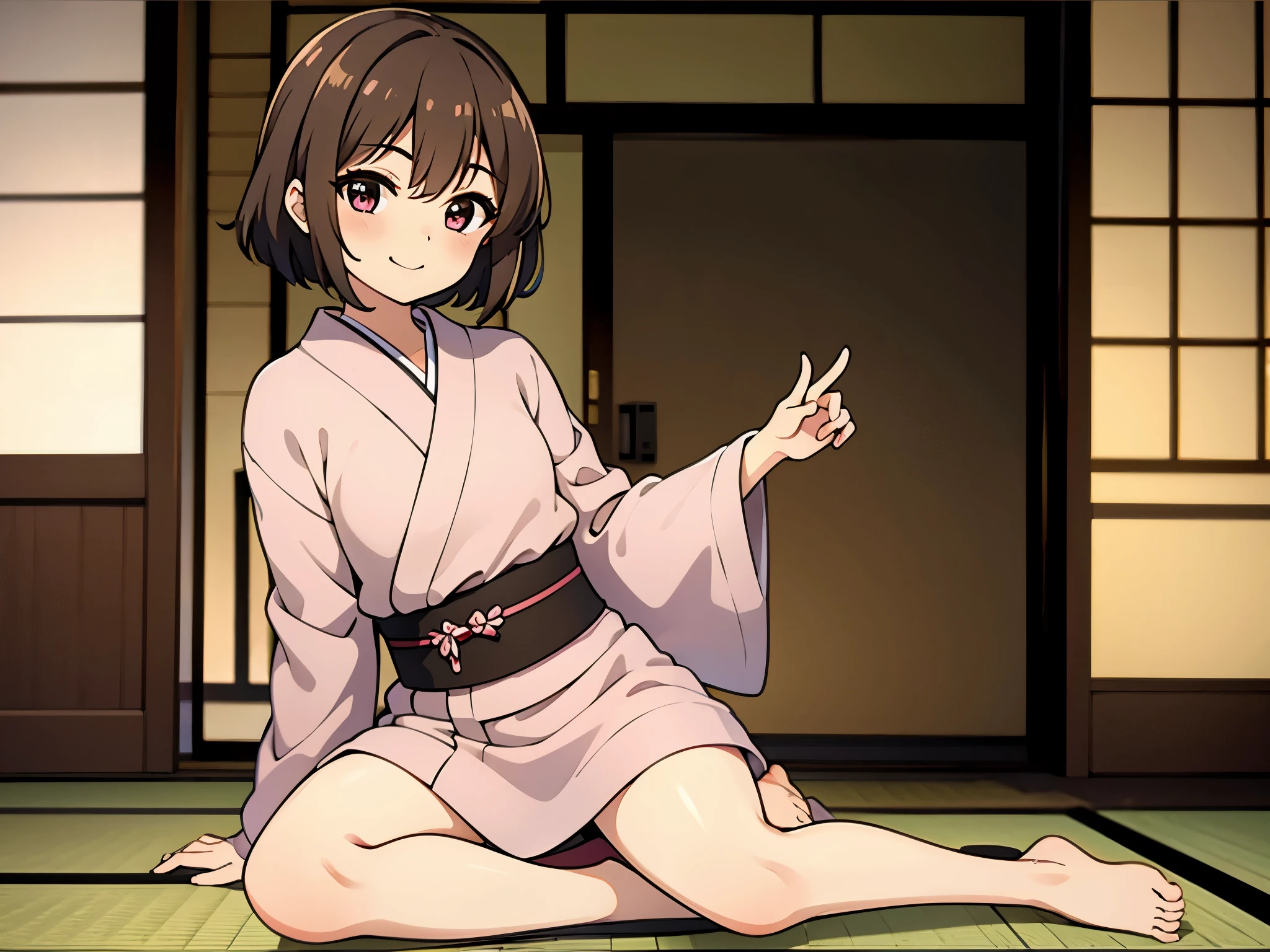 indoor, japanese room, tatami, pink yukata, sitting, anime style, ultra high res, break Best quality, adult body, UHD, break blush, break bare foot, sharpen, 32k, masterpiece, intense gaze,