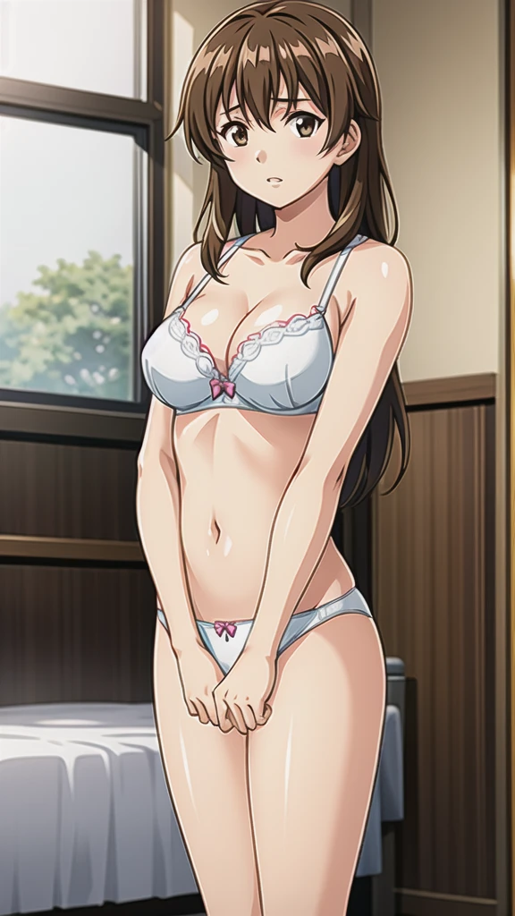 Yui Takasaka、18 years old、Brown Hair、Long Hair、、悲しいface、Brown Eyes 、 Full Body Style 、 normal breasts、、 narrow waist 、Bare legs、In underwear、、 upper body bra、 pink bra、lower body panties ，pink ribbon panties，White pumps、 Official Art, Extremely Detailed CG Unity 8k Wallpaper, full light,  colorful , bright _ Front_face_Lighting,  shiny skin, ( masterpiece:1.0),(Highest_quality:1.0), 超 Hi-Res,4K, super detailed photo shoot, 8k,  Hi-Res,  Hi-Res,  absurd:1.2,  Kodak Portra 400, film grain,  blurry background, Bokeh:1.2,  lens flare , ( lively_ color:1.2), Professional photography, Anime Images、