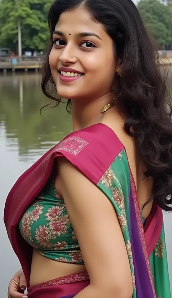 Looking at viewer, saree,spring hair,real skintone 