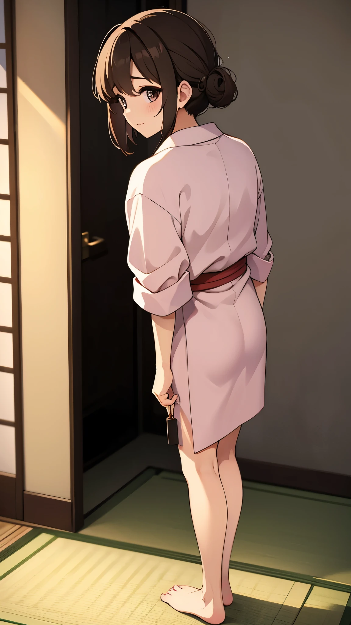 indoor, japanese room, tatami, pink yukata, standing, looking back, anime style, ultra high res, break Best quality, adult body, UHD, break blush, break bare foot, sharpen, 32k, masterpiece, intense gaze,