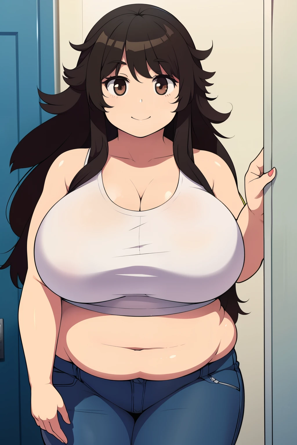 Chubby girl with big breasts black hair brown eyes happy long messy hair smiling 