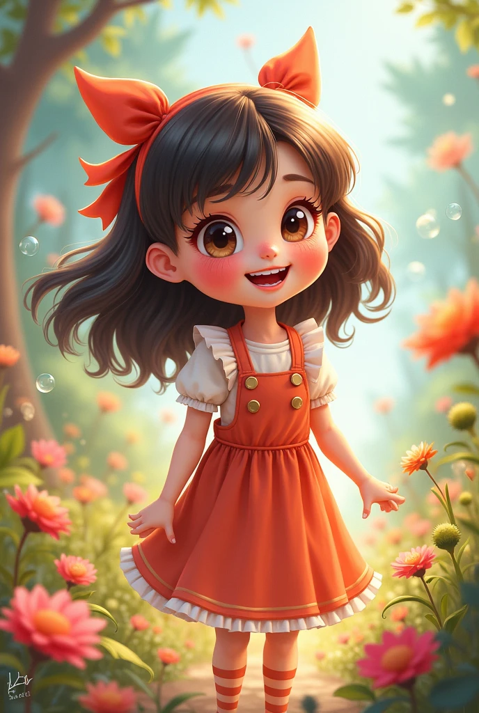 5 years old with a pacifier, with red dress, red bow on head, playing in the middle of nature