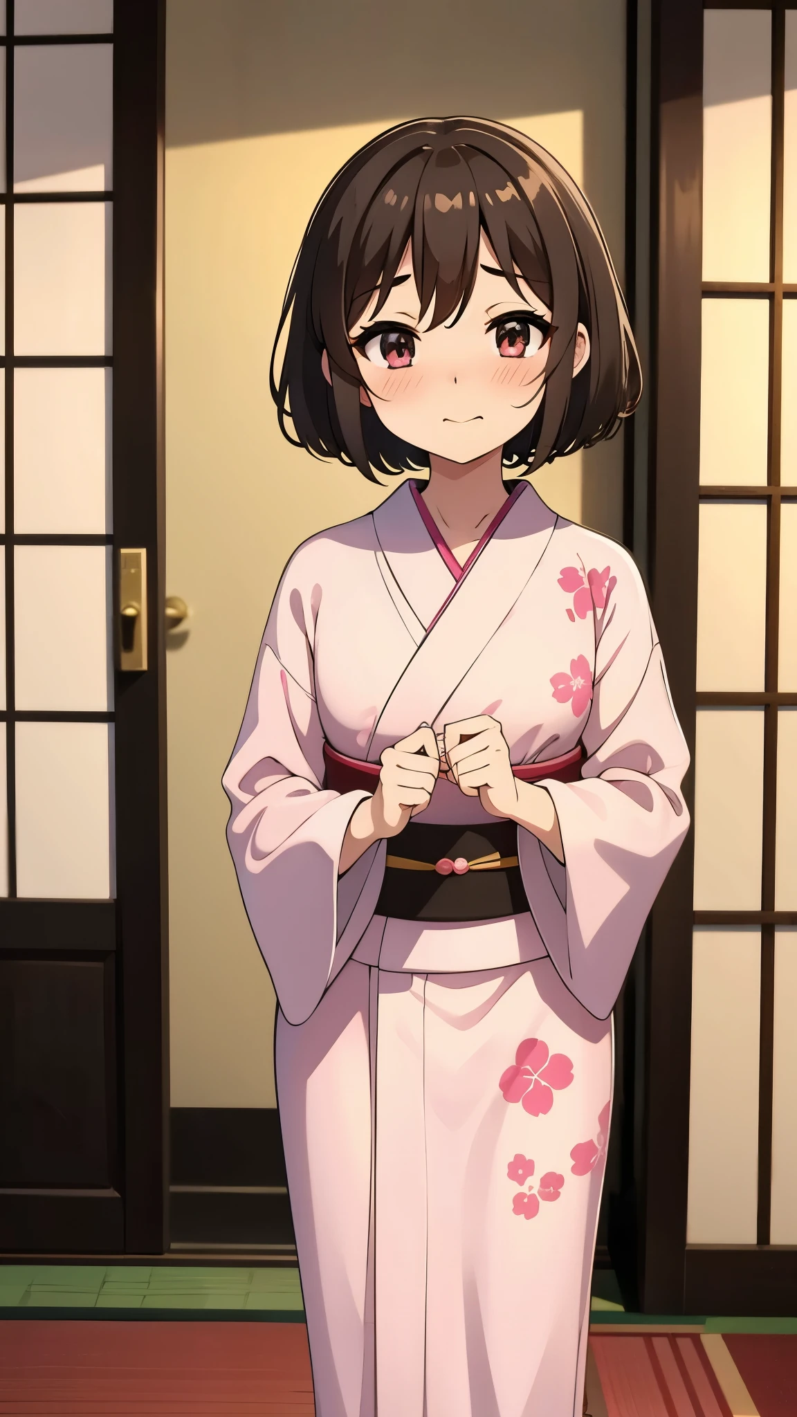 indoor, japanese room, pink yukata, focus face1:3, anime style, ultra high res, break Best quality, adult body, UHD, break nose blush, shy, sharpen, 32k, masterpiece, intense gaze,