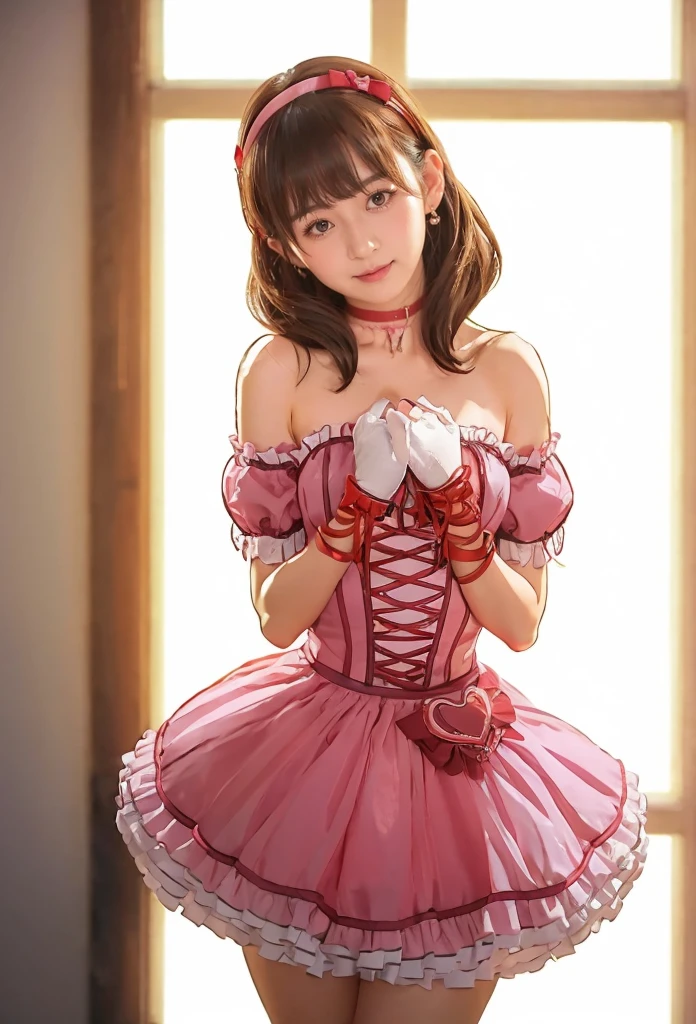 japanese idol girl,sakuma mayu,photorealistic,realistic,asian beauty,solo,pink dress,strapless,idolmaster cinderella girls,nsfw,cowboy shot,backlighting,short dress,heart corsage,frilled dress,hairband,heart ornaments,detached sleeves,short sleeves,bare shoulders,lace-trimmed choker,gloves,ribbon earrings,jewelry,blue eyes,cross-laced dress,bubble skirt,back bow,brown hair,indoors,shadow,sweat,head tilt, frilled dress,blush,embarrassed,smile,open mouth, blunt bangs,