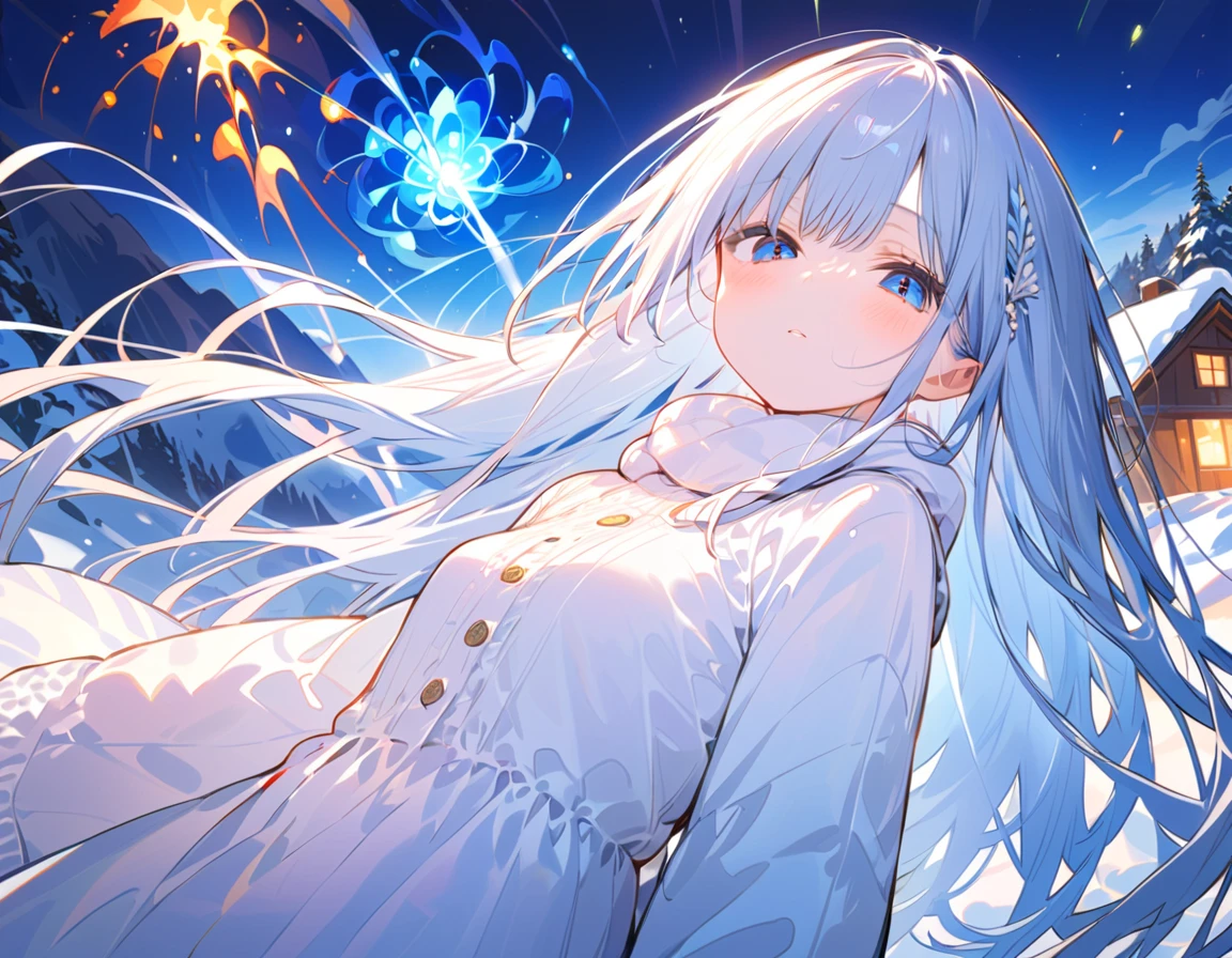 masterpiece, best quality, extremely detailed, (illustration, official art: 1.1), 1 girl, (((light blue long hair)))), ((( long hair))), light blue hair,, long hair ((blush)) , cute face, big eyes, masterpiece, best quality, (((a very delicate and beautiful girl)))), amazing, beautiful detailed eyes, blunt bangs (((little delicate girl)))), tareme (true beautiful: 1.2), sense of depth, dynamic angle,, (((tareme))), (true beautiful: 1.2), (tiny 1girl model: 1.2) (flat chest), A snowy New Year celebration in a mountain cabin, people in warm clothes, , fireworks reflecting on the snow,Girl having a bonfire,Stargazing,The girl is wearing winter clothes,Very cold,winter,White breath comes out,Smoke rises into the sky,Rainbow Sky,night,Meteor Shower,masterpiece,Best Quality,Exquisite,8k,Absurd,Ultra-detailed illustrations,(View your audience),Angle from below,View from afar