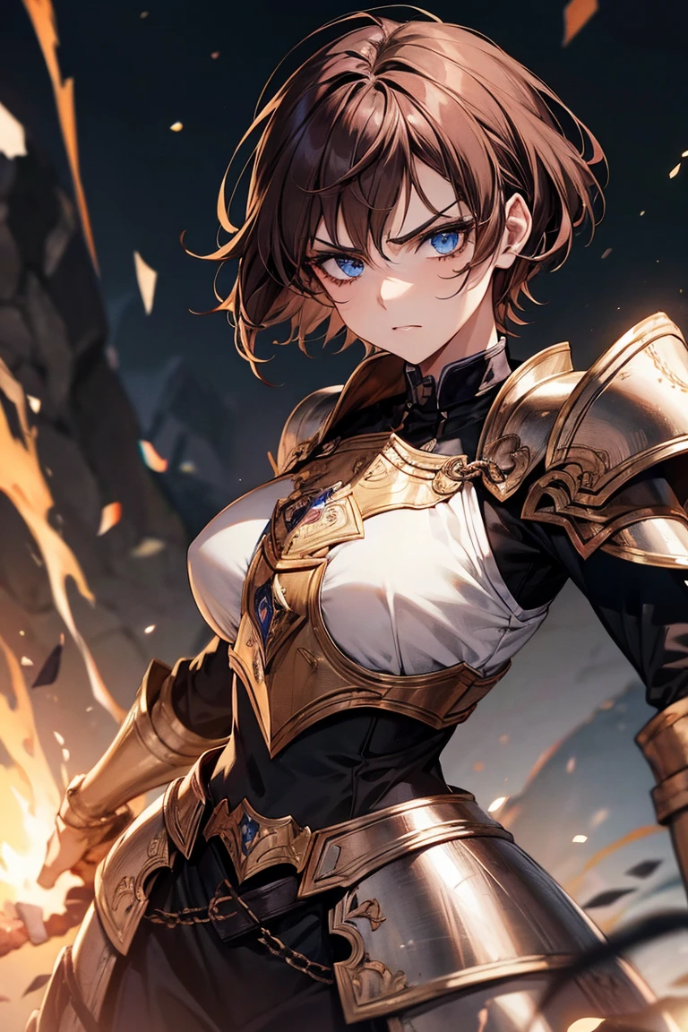 (watercolor: 1.2), warrior, bangs, brown hair, short hair, brown eyes, hair between eyes, blurred background, high resolution, large breasts, full body, fantasy, medieval --auto --s2