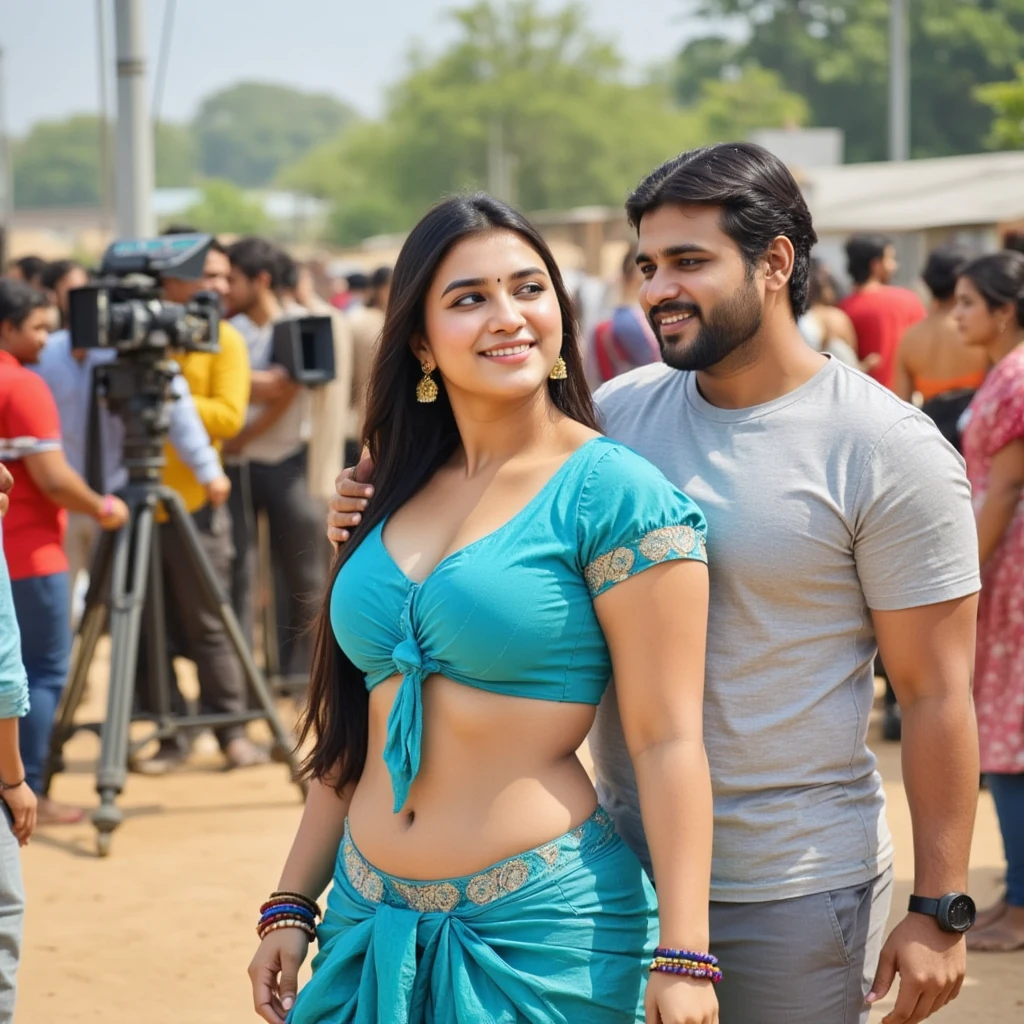 On a lively film set, an Indian girl stands confidently as the center of attention, with long hair styled in an elegant updo and a radiant smile directed at the camera. She is wearing a traditional blue blouse with short sleeves and a knotted front, paired with a matching blue draped bottom piece featuring an embellished waistband. Her midriff and navel are visible, emphasizing her toned waist and curvy figure. She wears traditional Indian jewelry, including gold dangling earrings and colorful bangles, with expressive eyes and a small bindi on her forehead. The girl is leaning on the shoulder of a man standing beside her on the set. He is dressed casually, his arm relaxed around her, adding a sense of camaraderie. Around them, a camera crew is focused, and the director stands nearby, enthusiastically explaining the shot. The set is filled with film equipment, lighting rigs, and crew members, creating an energetic, vibrant atmosphere typical of a film production