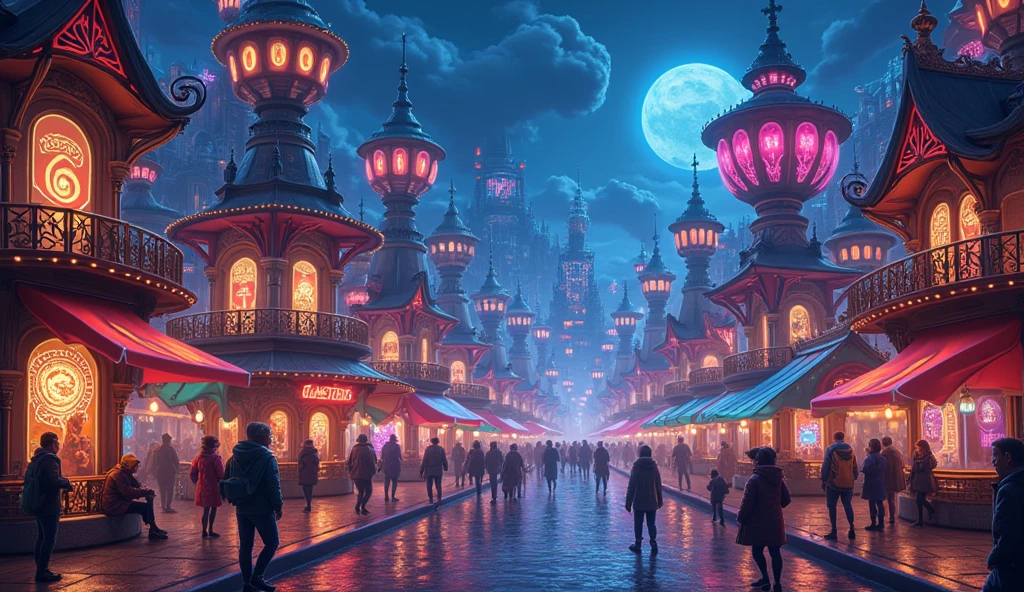 fantasy digital painting, fantasy city at night, magical neon lights on street, vivid colors, night life on street, various human and animal species and anthropomorphic fantasy species on street, fantasy art of magical neon street at dark night, detaied, 8k, 