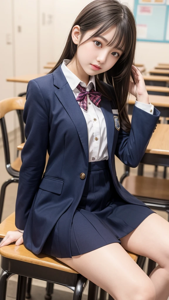  High School Student Uniform Live Costume ， Black and Navy Square Pattern High School Girl&#39; Uniform Miniskirt ，Navy blue uniform jacket， looks like you can see your chest,3 Girl Idols ，Concert Venues