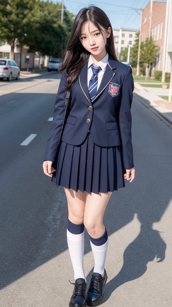  High School Student Uniform Live Costume ， Black and Navy Square Pattern High School Girl&#39; Uniform Miniskirt ，Navy blue uniform jacket， looks like you can see your chest,3 Girl Idols ，Concert Venues