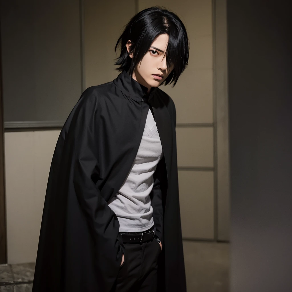 Sasuke uciha, grey shirt, black cloak, black hair, red eyes