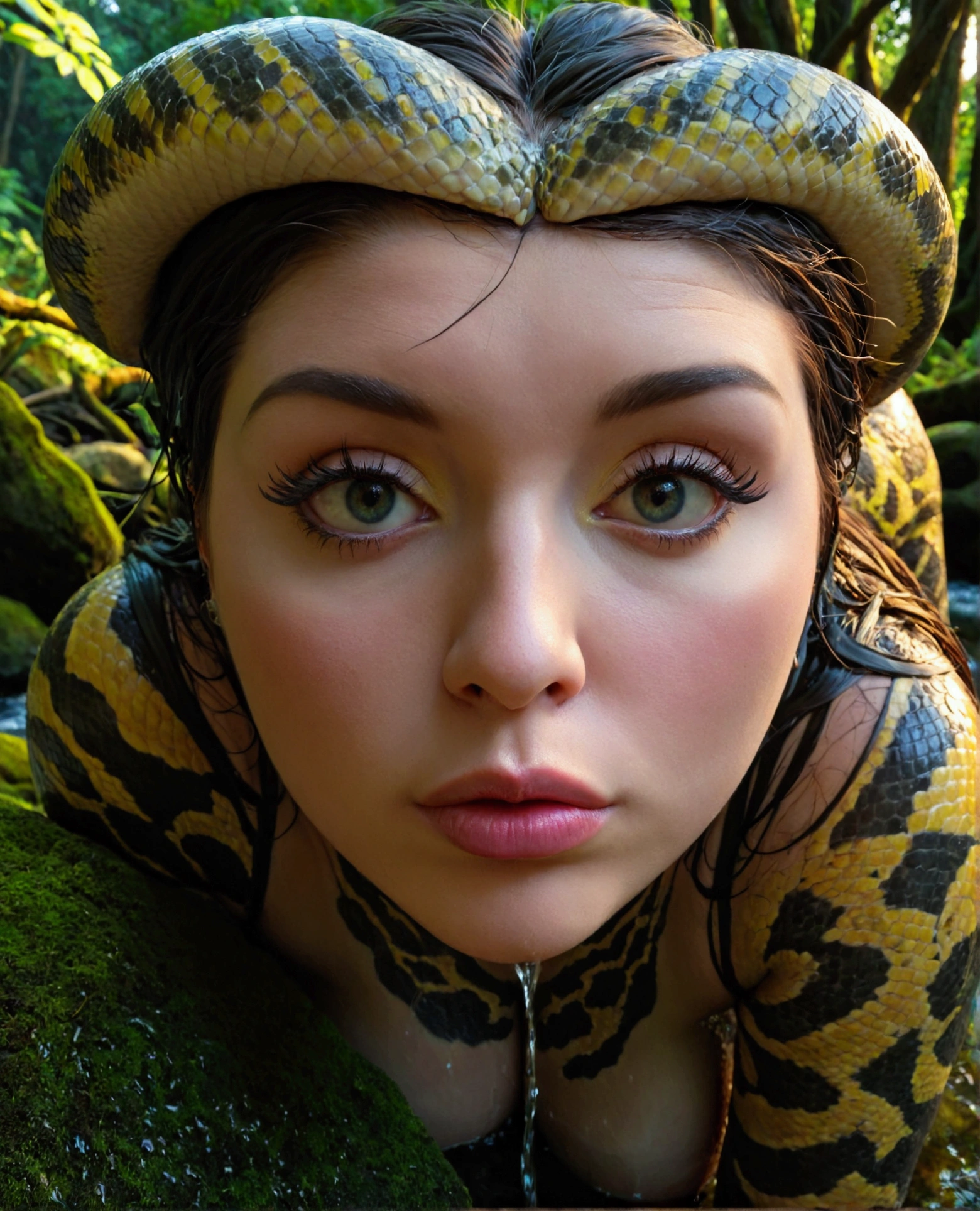 a chubby overweight woman snake in a forest, realistic 3D render, 8K, masterpiece, extremely detailed, cinematic lighting, dramatic shadows, vibrant colors, intricate texture, photorealistic, highly detailed face, piercing eyes, beautiful detailed lips, extremely detailed eyes and face, long eyelashes, dramatic lighting, moody atmosphere, lush vegetation, dense foliage, ancient trees, twisted branches, mossy rocks, flowing water, dramatic clouds, cinematic composition, видно всё тело