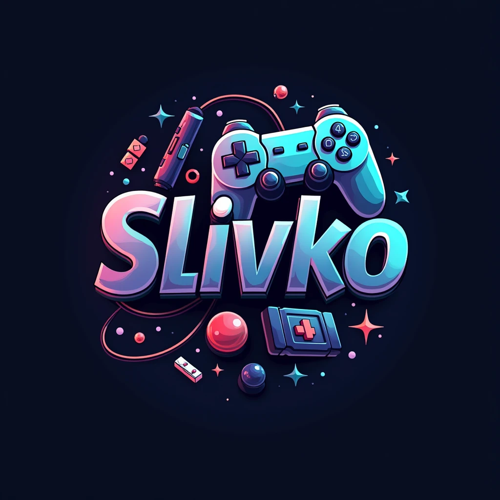 Video game development studio logo "SlivKO ", надпись SlivKO на фоне игровой атрибутики, S big iv small KO large , SlivKO