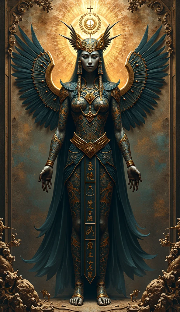 Create a black Egyptian God with the eagle and the falcon on the side, and the scale showing balance